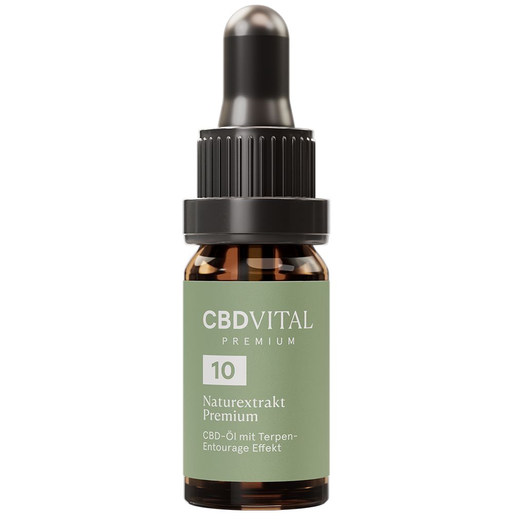 Braune Glasflasche mit Tropfer. Etikett mit CBDVITAL-Logo, '10' und 'Naturextrakt Premium'.