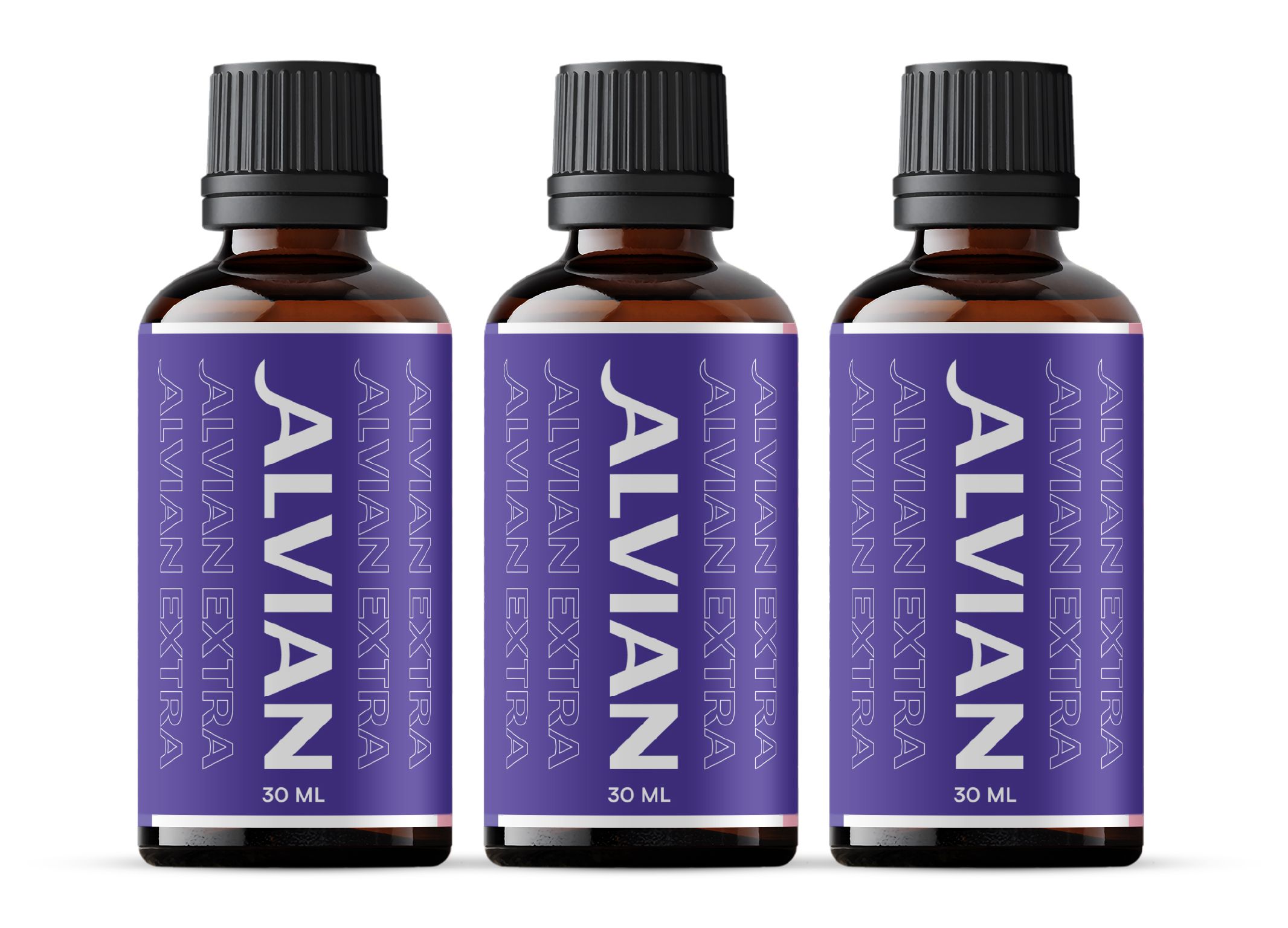 Drei braune Glasflaschen mit schwarzen Verschlüssen und lila Etiketten, die 'ALVIAN EXTRA 30 ML' zeigen.