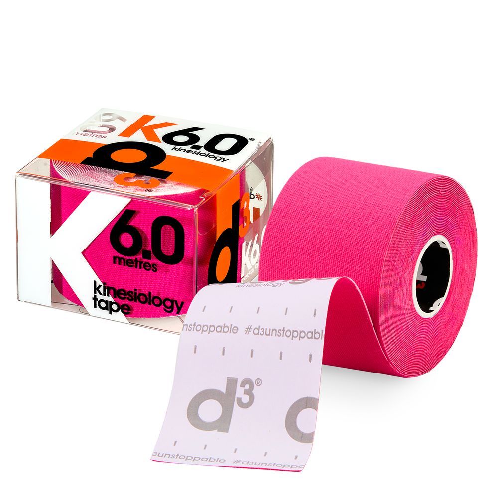Pinkes Kinesiologie-Tape 6.0 Meter in durchsichtiger Verpackung mit Aufdruck 'K6.0'.