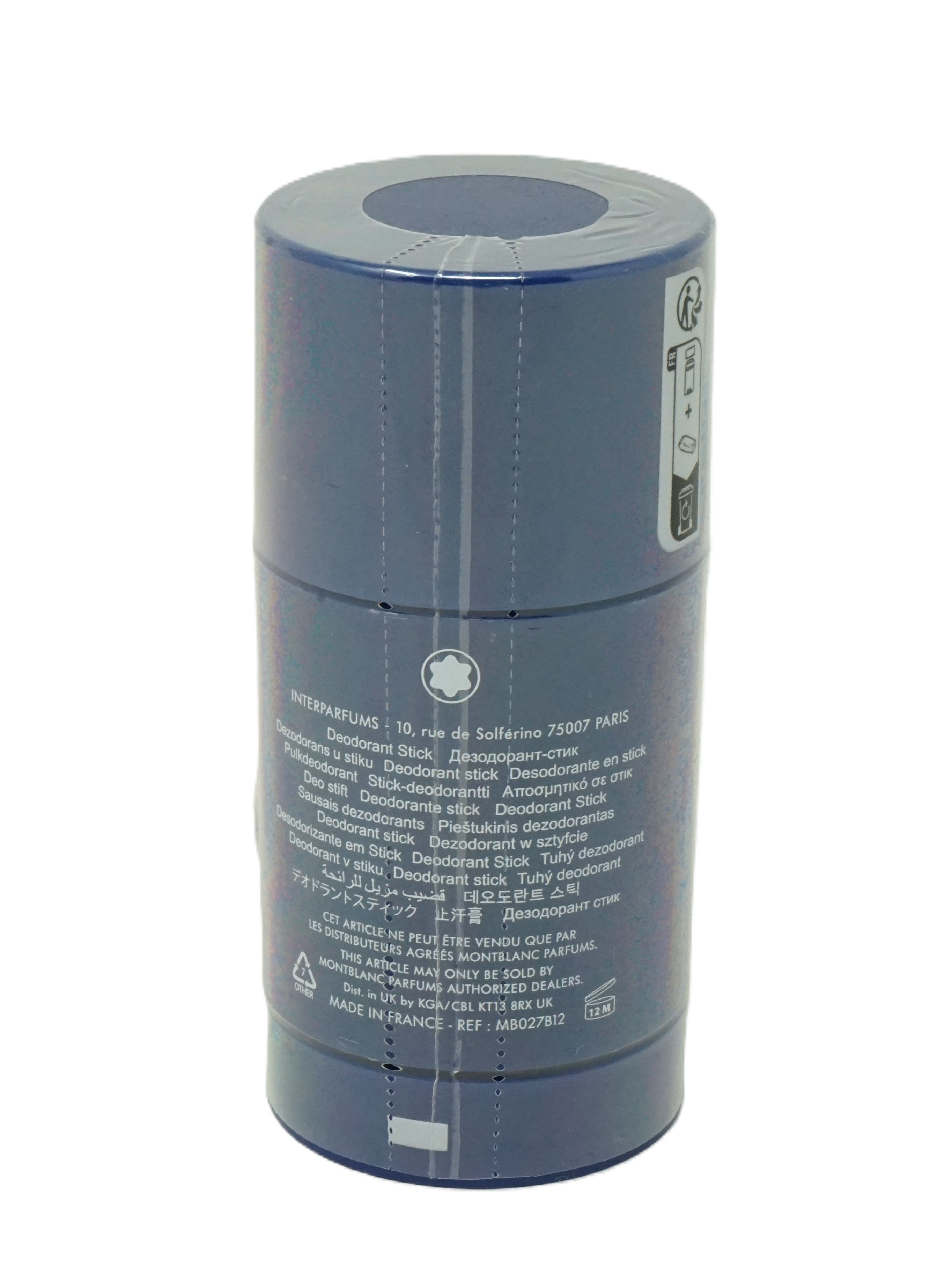 Zylindrischer Deodorant-Stick in blauer Verpackung. Mehrsprachiger Text, darunter "Deodorant Stick".