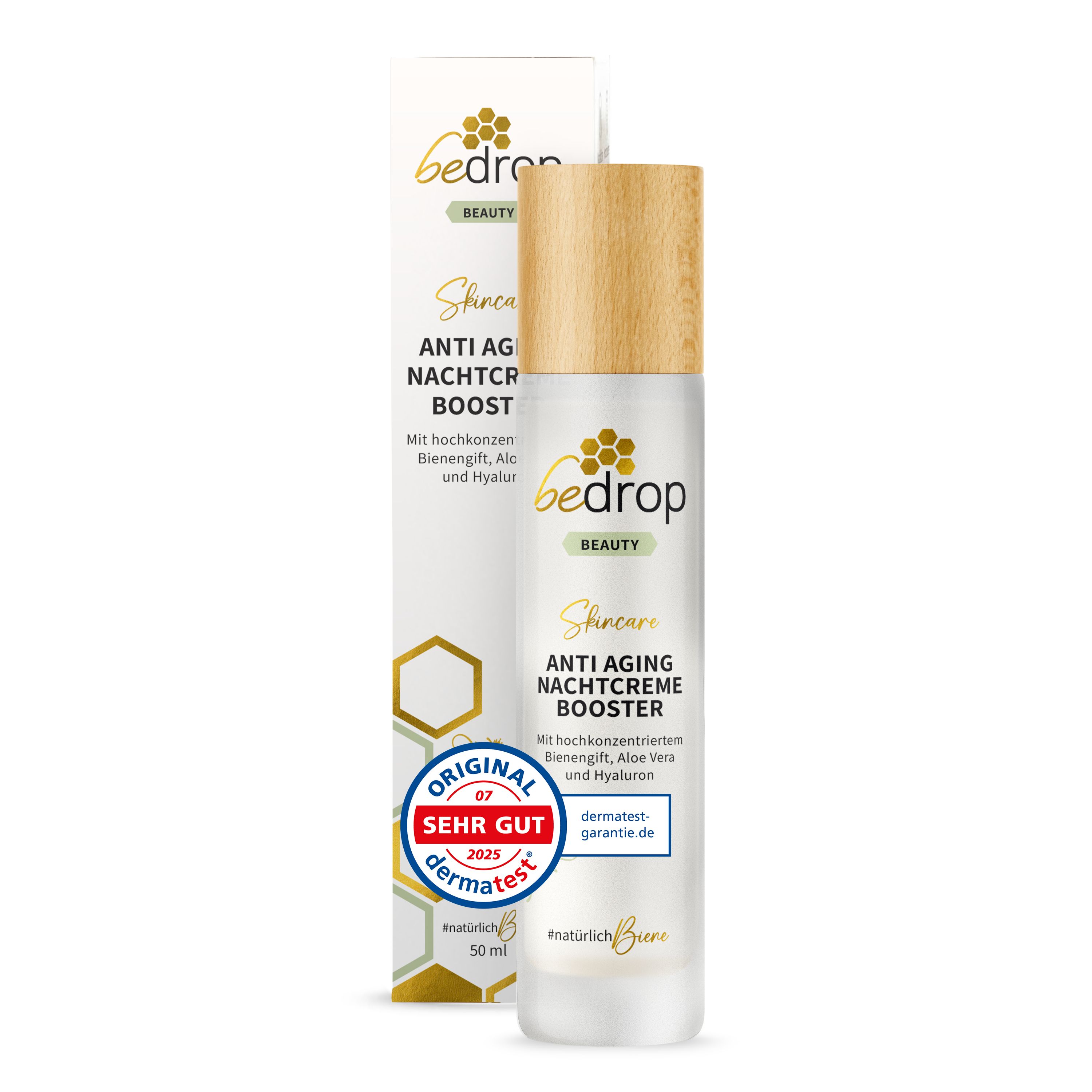 Creme-Flakon mit Holzdeckel und Verpackung. Aufschrift: bedrop Anti Aging Nachtcreme Booster. Mit Dermatest-Siegel.