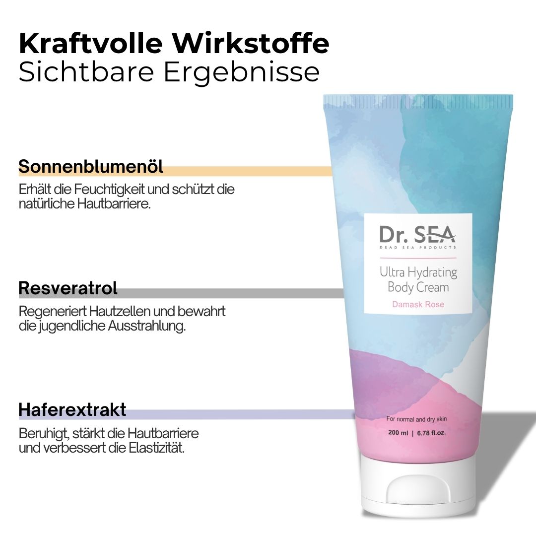 Creme-Tube mit Text und Diagramm. Aufschrift: Ultra Hydrating Body Cream, Damask Rose. Marke: Dr. SEA.