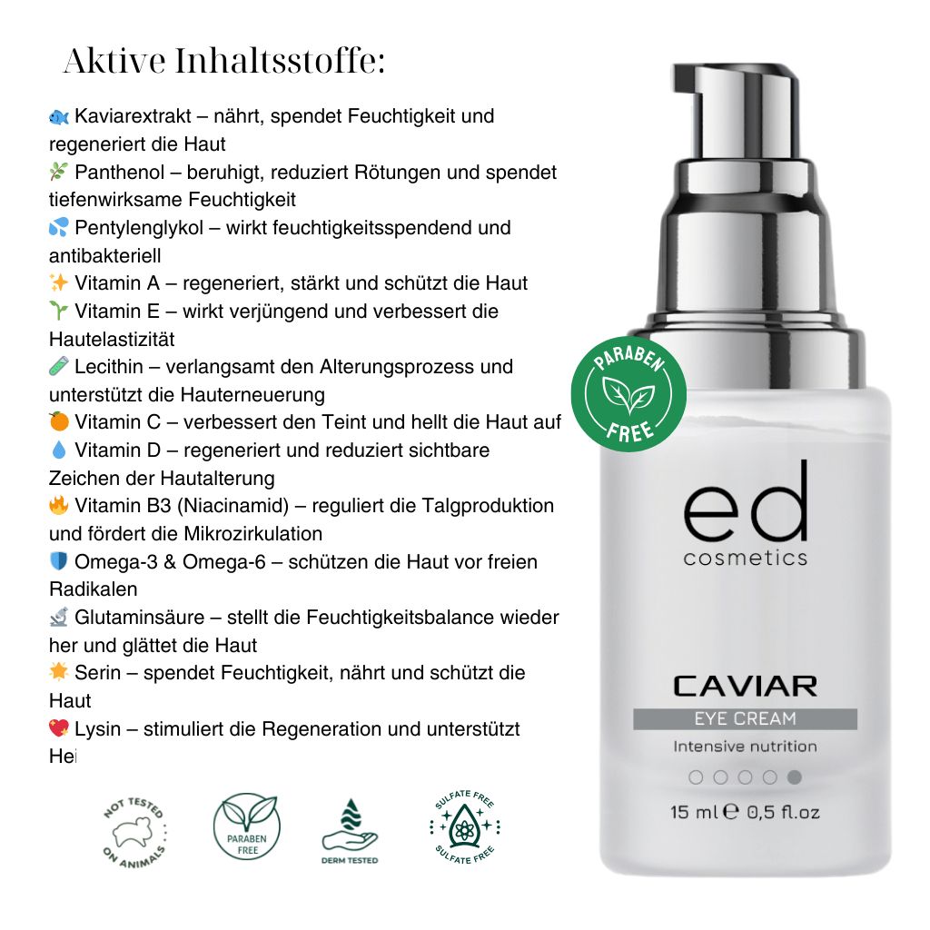 Augencreme-Flakon mit silbernem Pumpkopf. Text: ED cosmetics, Caviar Eye Cream, 15 ml. Mit grünen Logos.