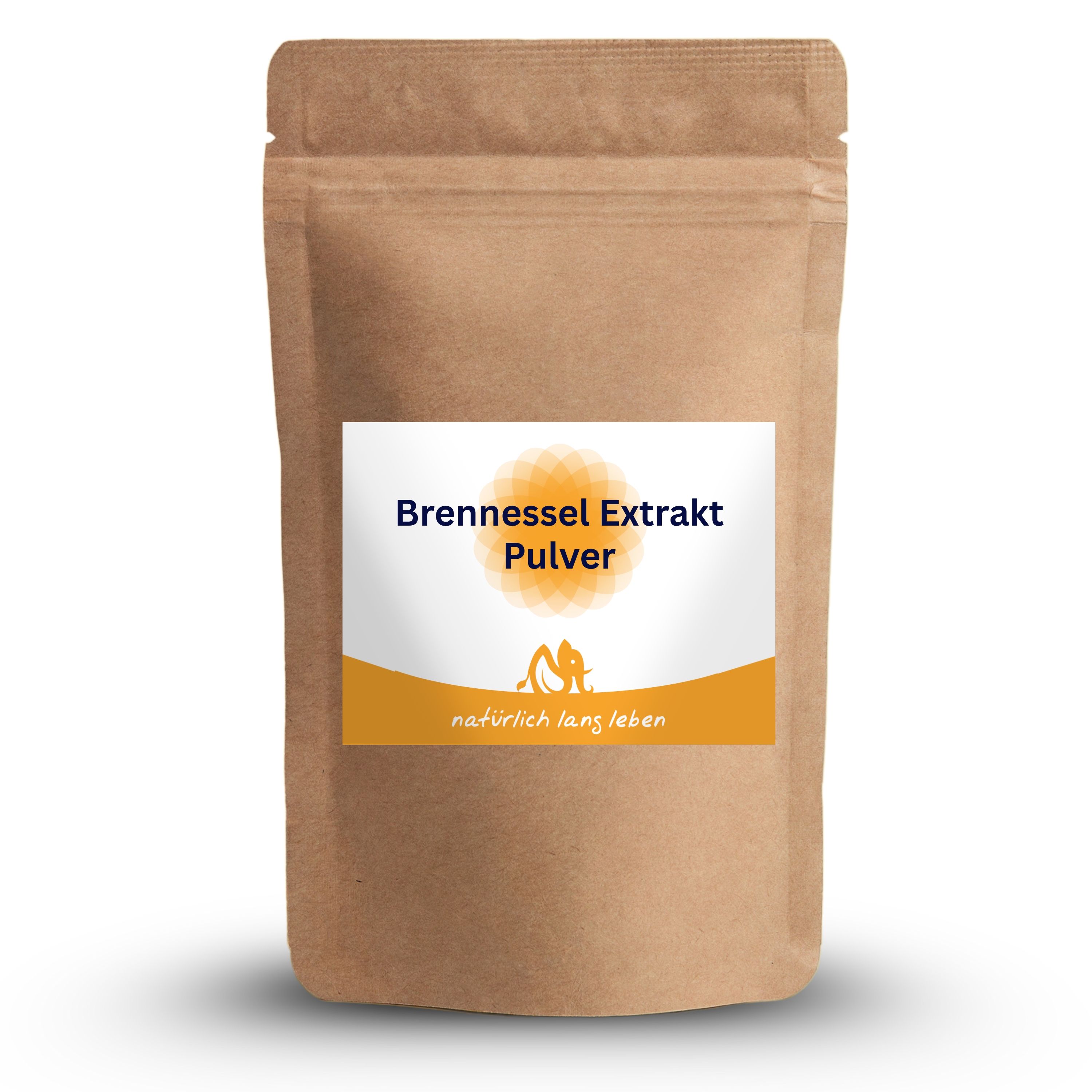 Braune Papierverpackung mit Etikett. Aufschrift: Brennessel Extrakt Pulver. Logo: Sonne und Figur. Text: natürlich lang leben.