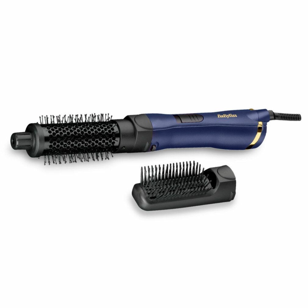 Haarglätter mit blauem Griff und schwarzem Bürstenaufsatz. Ein abnehmbarer Bürstenaufsatz liegt daneben. Das BaByliss-Logo ist sichtbar.