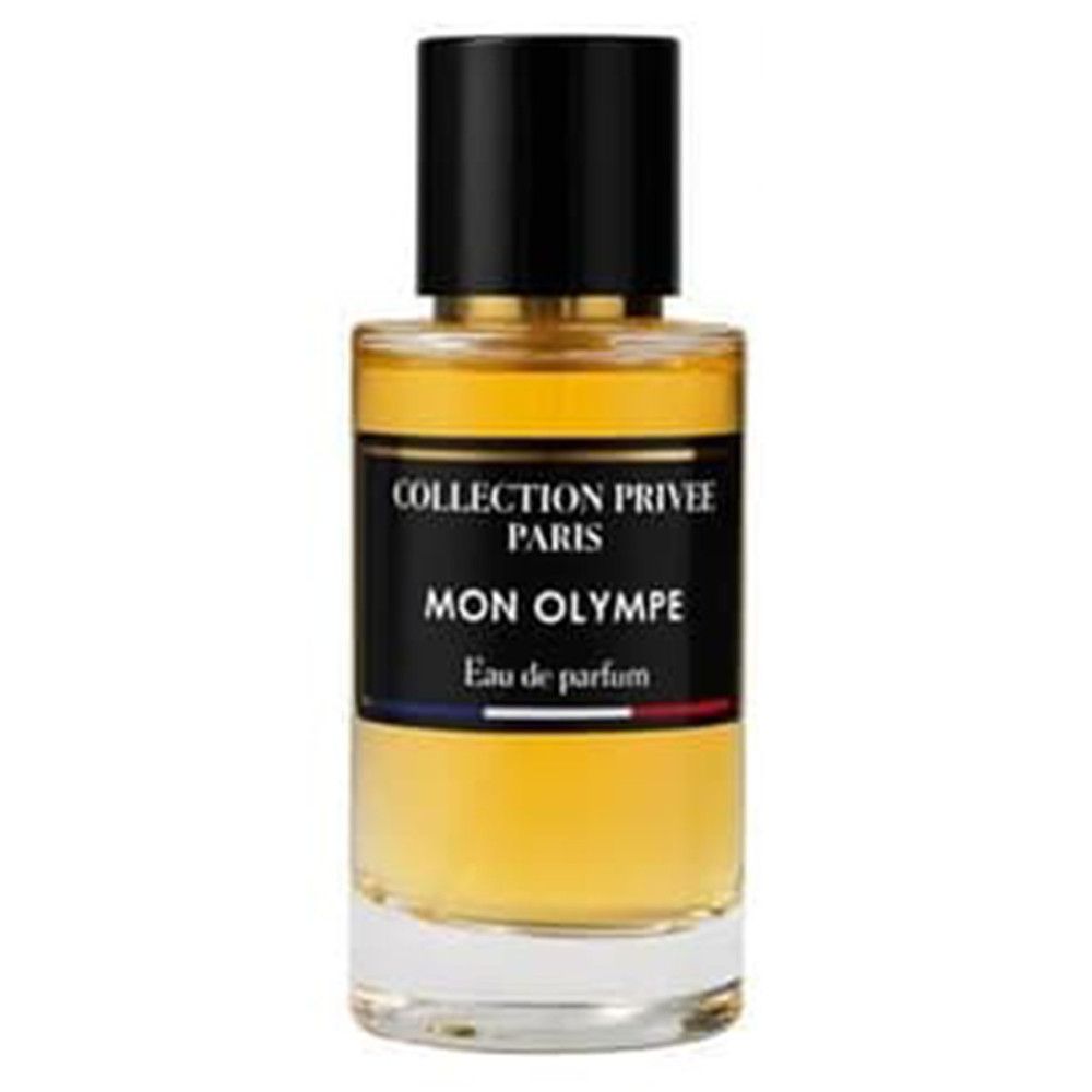 Parfümflakon mit schwarzem Deckel. Schwarzes Etikett mit weißer Schrift: Collection Privée Paris, Mon Olympe, Eau de parfum. Französische Flagge.