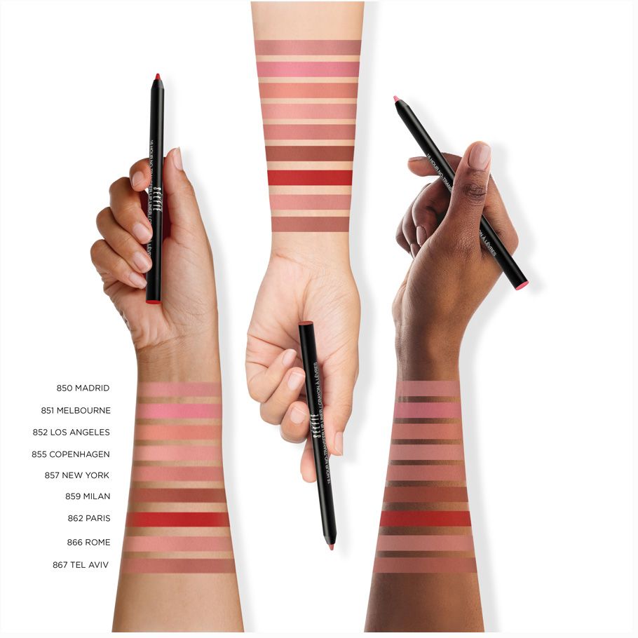 Drei Hände zeigen Lipliner-Farben. Lipliner in Händen. Farbfelder mit Namen: Madrid, Mailand, Paris, u.a.