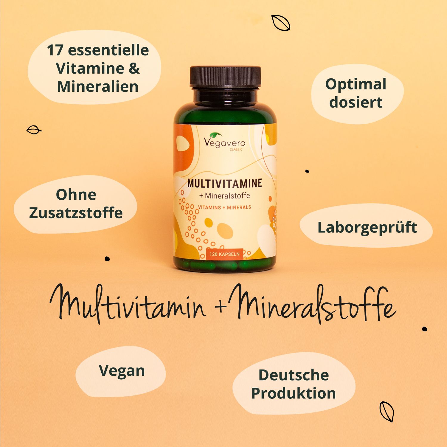 Flasche VEGAVERO Multivitamine + Mineralstoffe, umgeben von Text. Enthält: 17 Vitamine & Mineralien, ohne Zusatzstoffe, optimal dosiert, vegan.