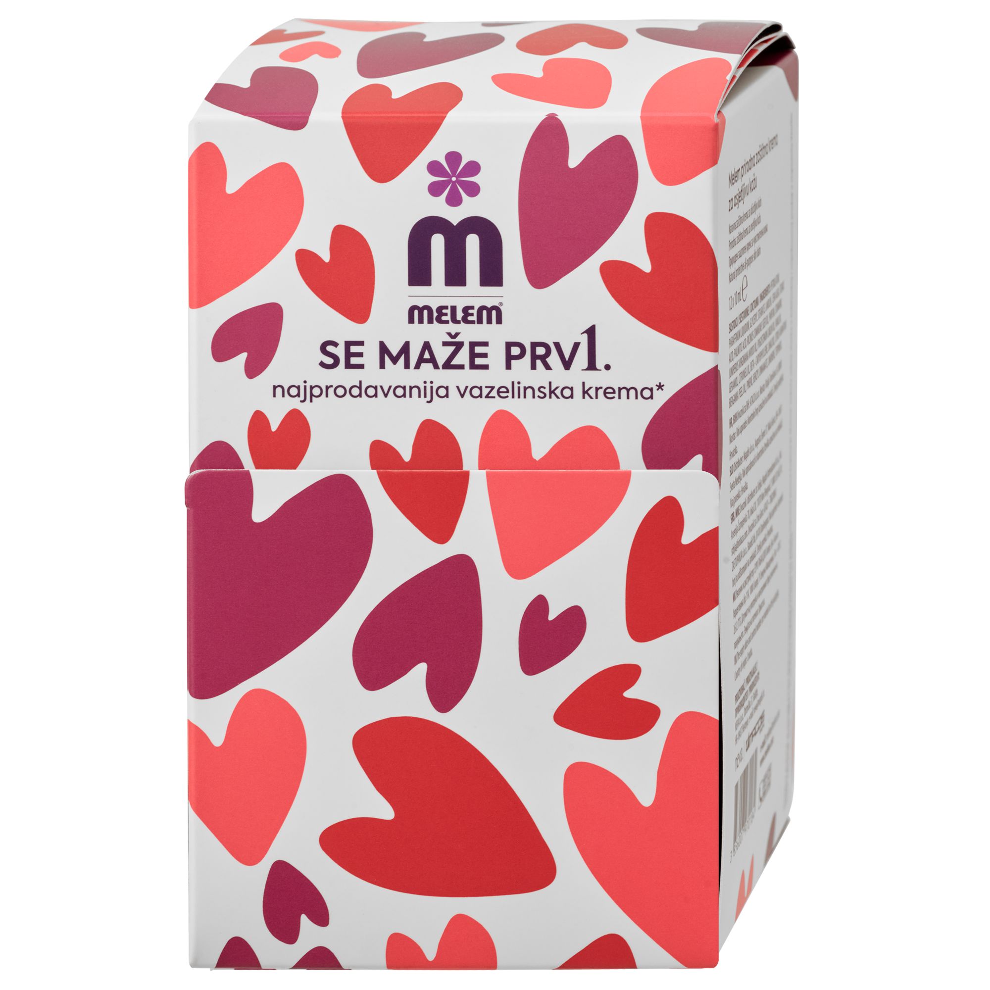 Kartonverpackung mit Herzen und Melem-Logo. Text: SE MAŽE PRV1. Najprodavanija vazelinska krema*.