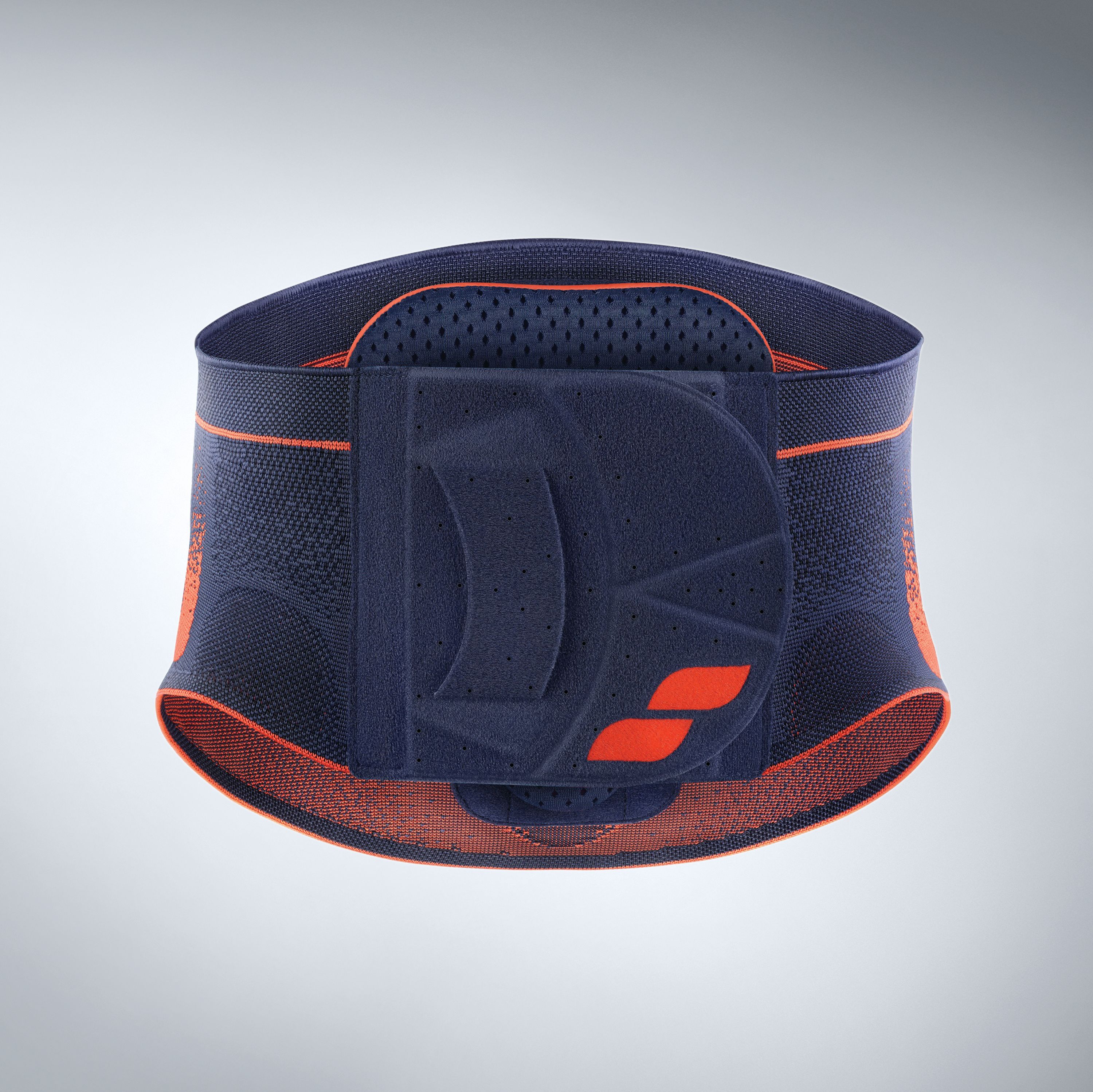 Rückenbandage, blau-orange. Sichtbar: Bandage, orangefarbene Akzente, Klettverschluss, Logo. Draufsicht.