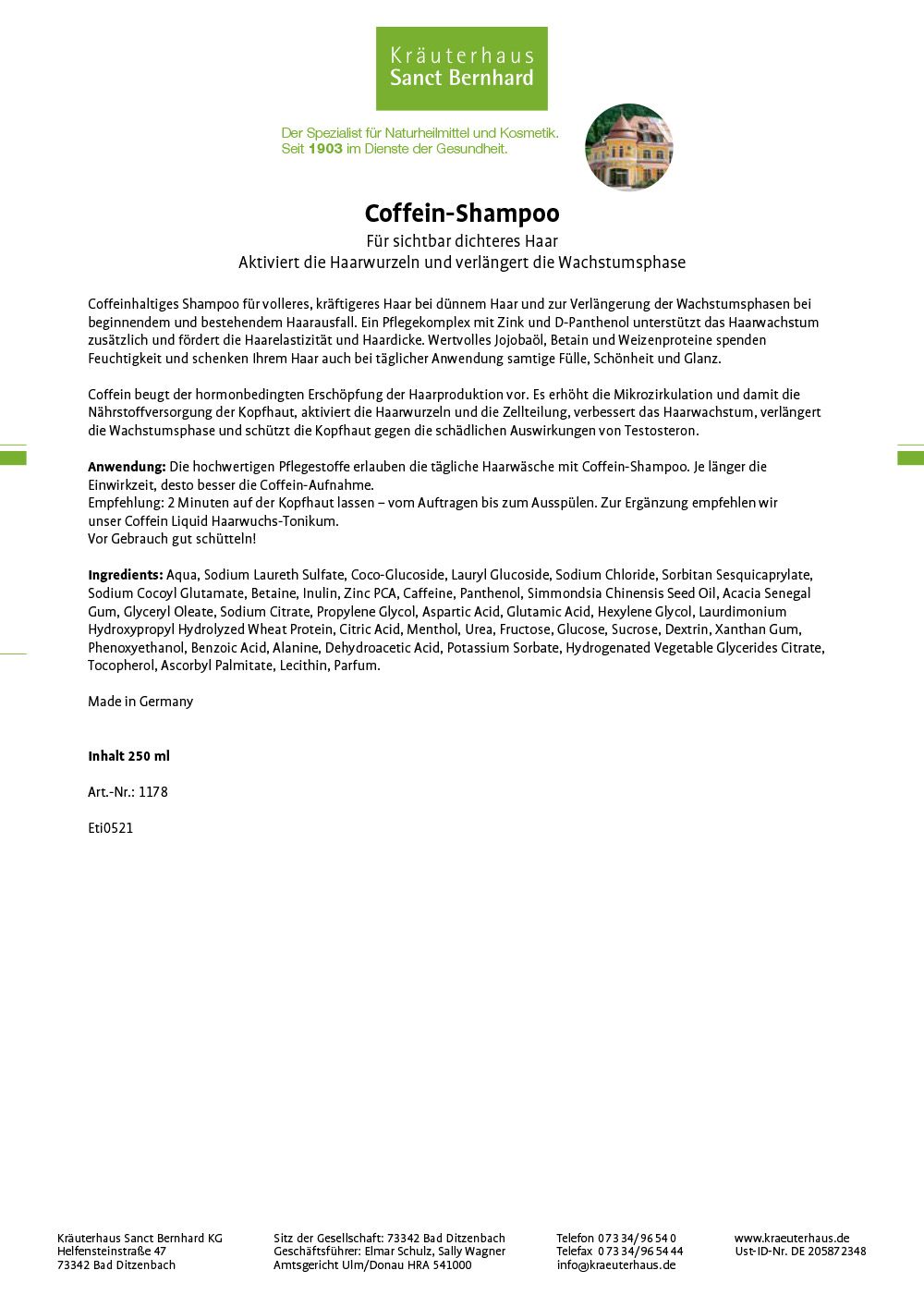 Etikett des Coffein-Shampoos. Weißer Hintergrund mit grünen und braunen Elementen. Text: Coffein-Shampoo, Inhaltsstoffe, Anwendung, 250 ml.