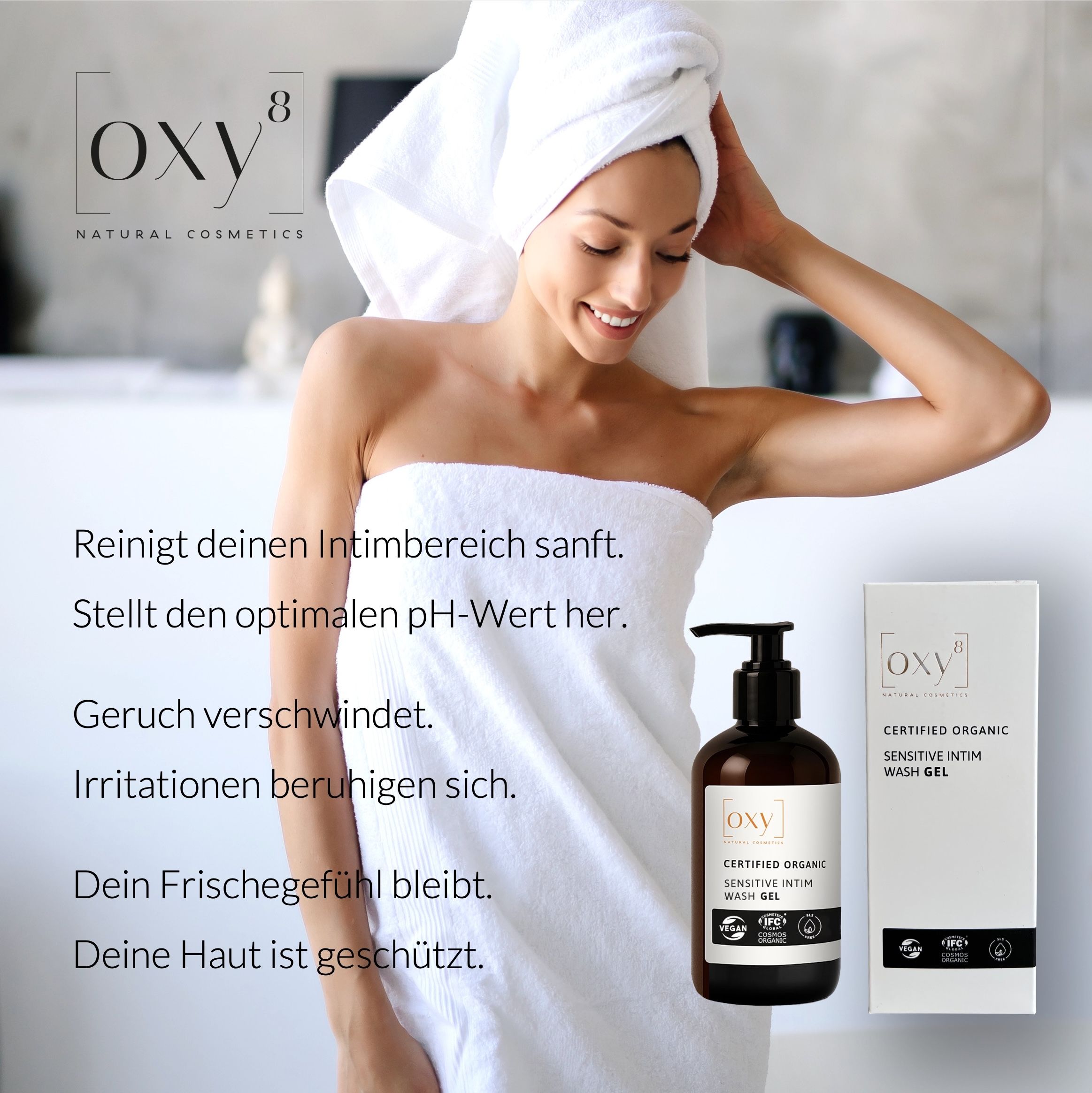 Frau mit Handtuch. Produktflasche und Verpackung. Text. Vegan- und Bio-Siegel.