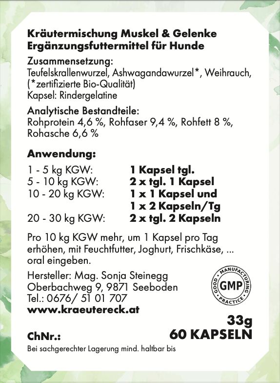 Etikett mit Informationen zu Kräutermischung für Hunde. Enthält Zusammensetzung, analytische Bestandteile und Dosierungsempfehlungen.