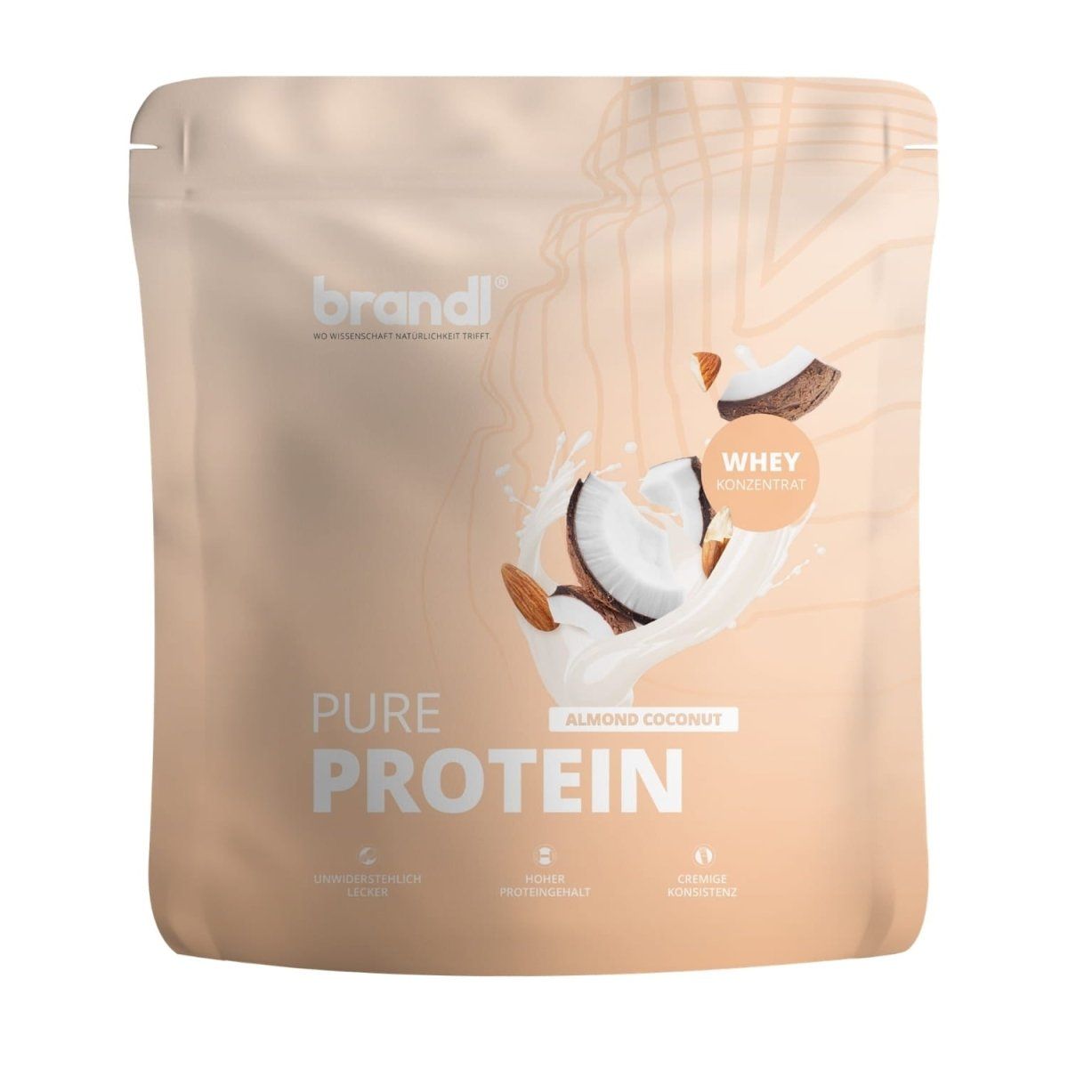 Beige Beutel mit Pure Protein, Kokosnuss- und Mandel-Illustration. Text: Whey Protein, Almond Coconut.