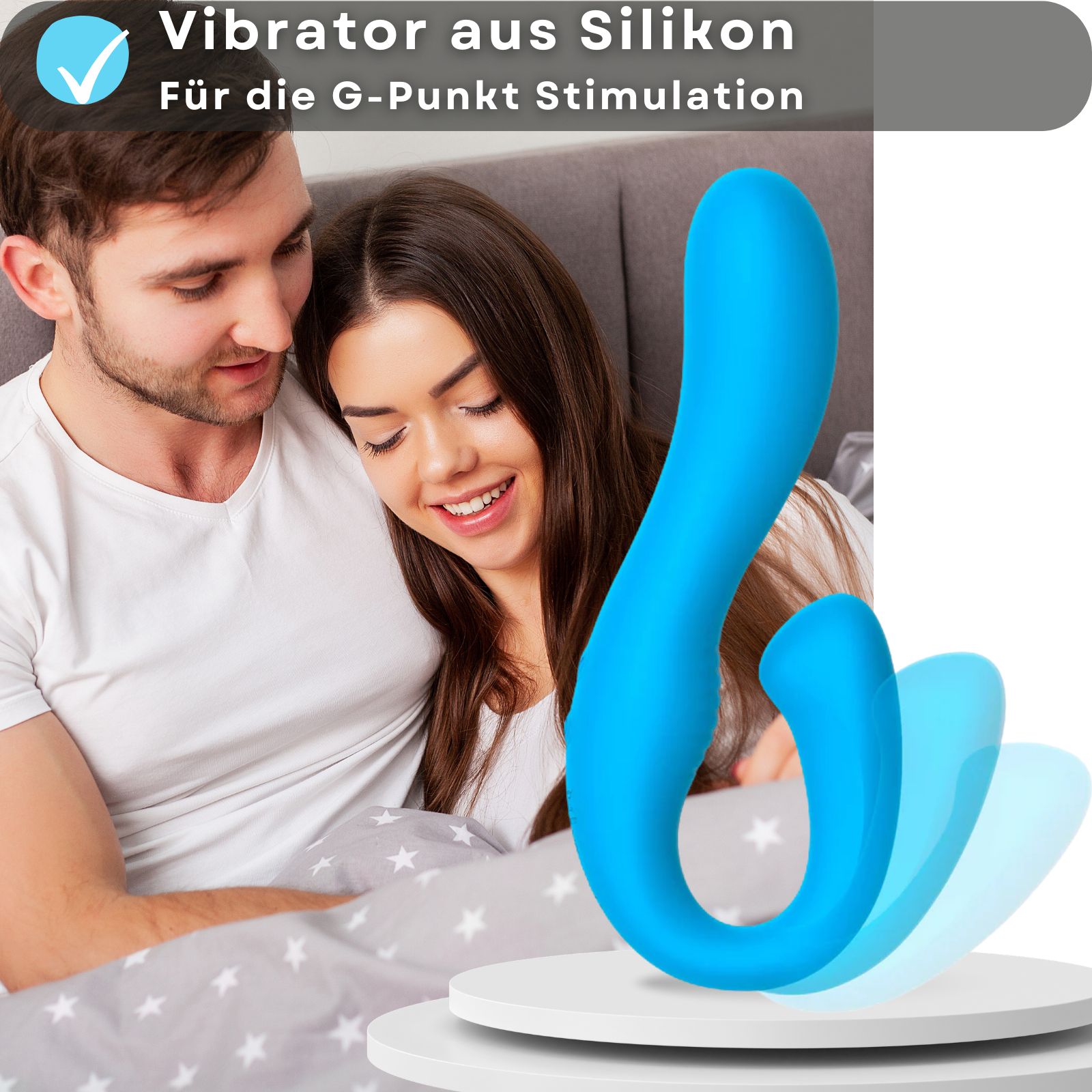 Blauer Vibrator mit Text. Silikon, für G-Punkt-Stimulation.