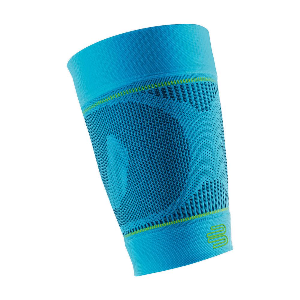 Türkisfarbene Kompressions-Wadenbandage mit grünen Akzenten. Logo unten rechts. Texturierte Oberfläche.