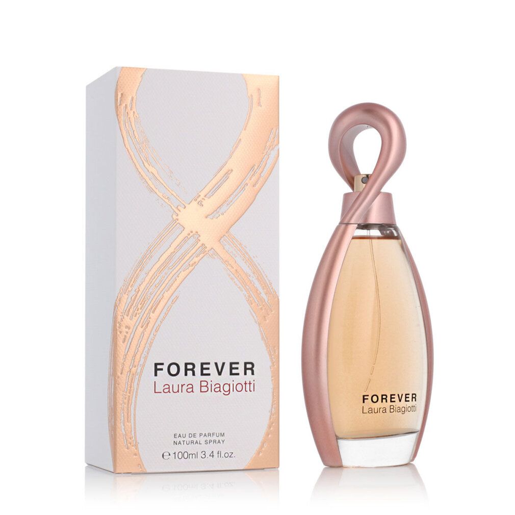Parfümflasche mit Verpackung. Flasche mit rosafarbenem Rahmen und Deckel. Verpackung mit goldfarbenem Design.