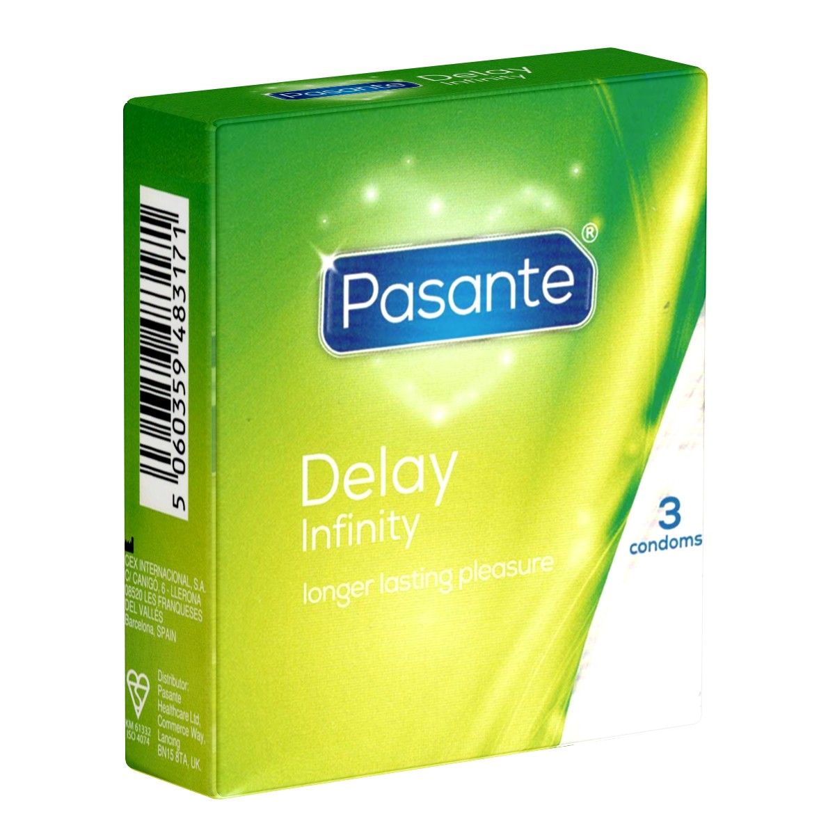 Grüne Verpackung mit Pasante-Logo und Aufschrift "Delay Infinity". Enthält 3 Kondome. Text: "longer lasting pleasure".