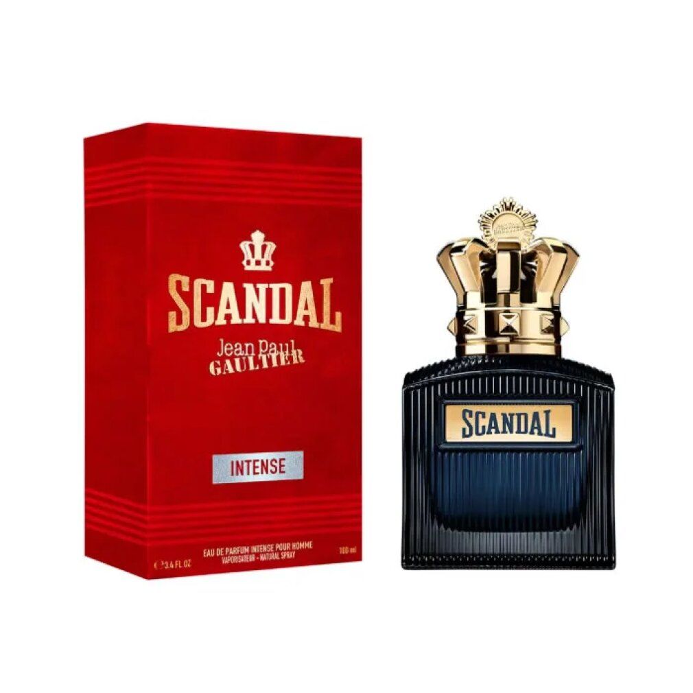 Rote Verpackung und Flakon. Flakon mit goldener Krone, Etikett "SCANDAL". Verpackung mit Aufschrift "INTENSE".
