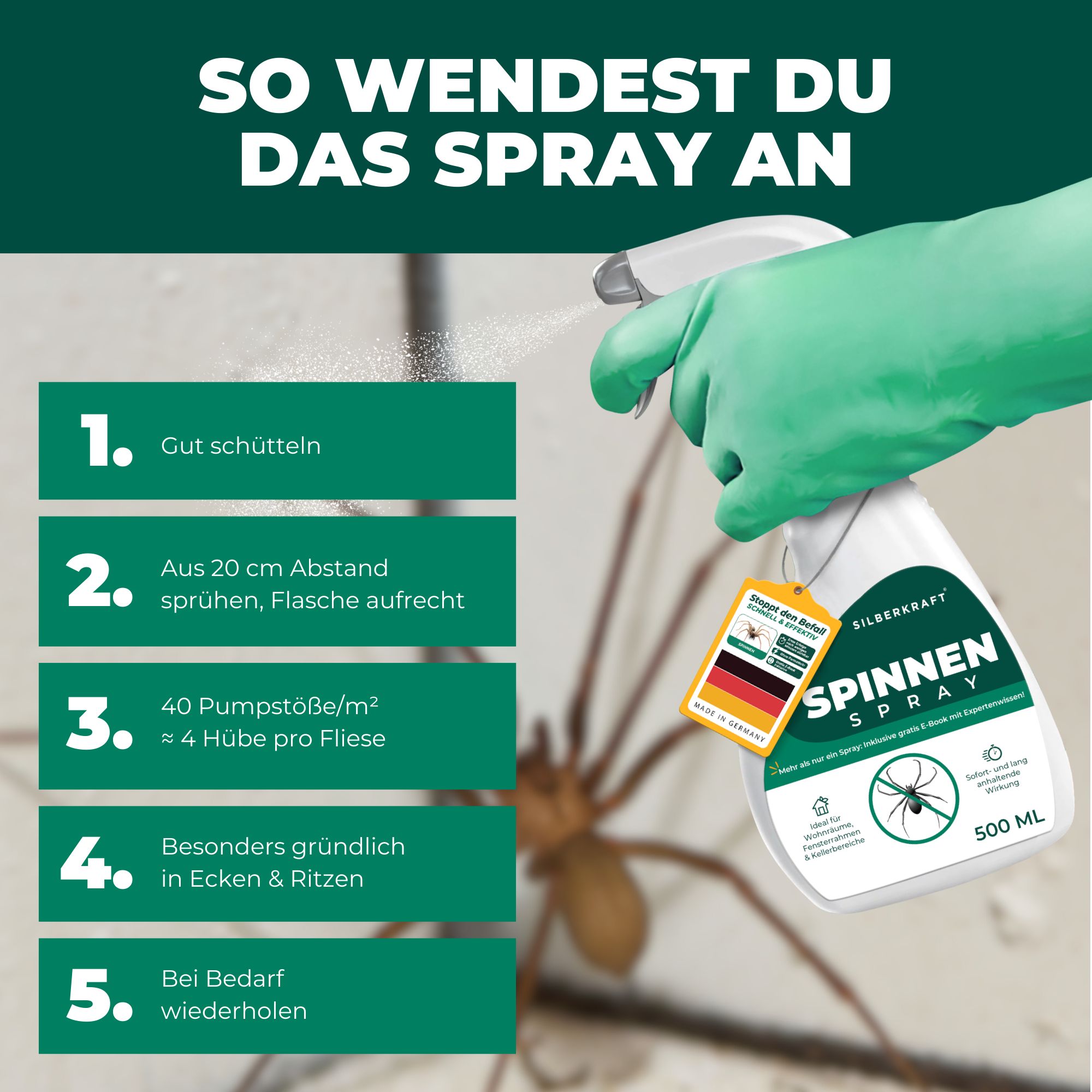 Anleitung: 1. Gut schütteln. 2. Aus 20 cm sprühen. 3. 40 Hübe/m². 4. In Ecken & Ritzen. 5. Wiederholen. Produkt: SILBERKRAFT Spinnenspray, 500 ml.