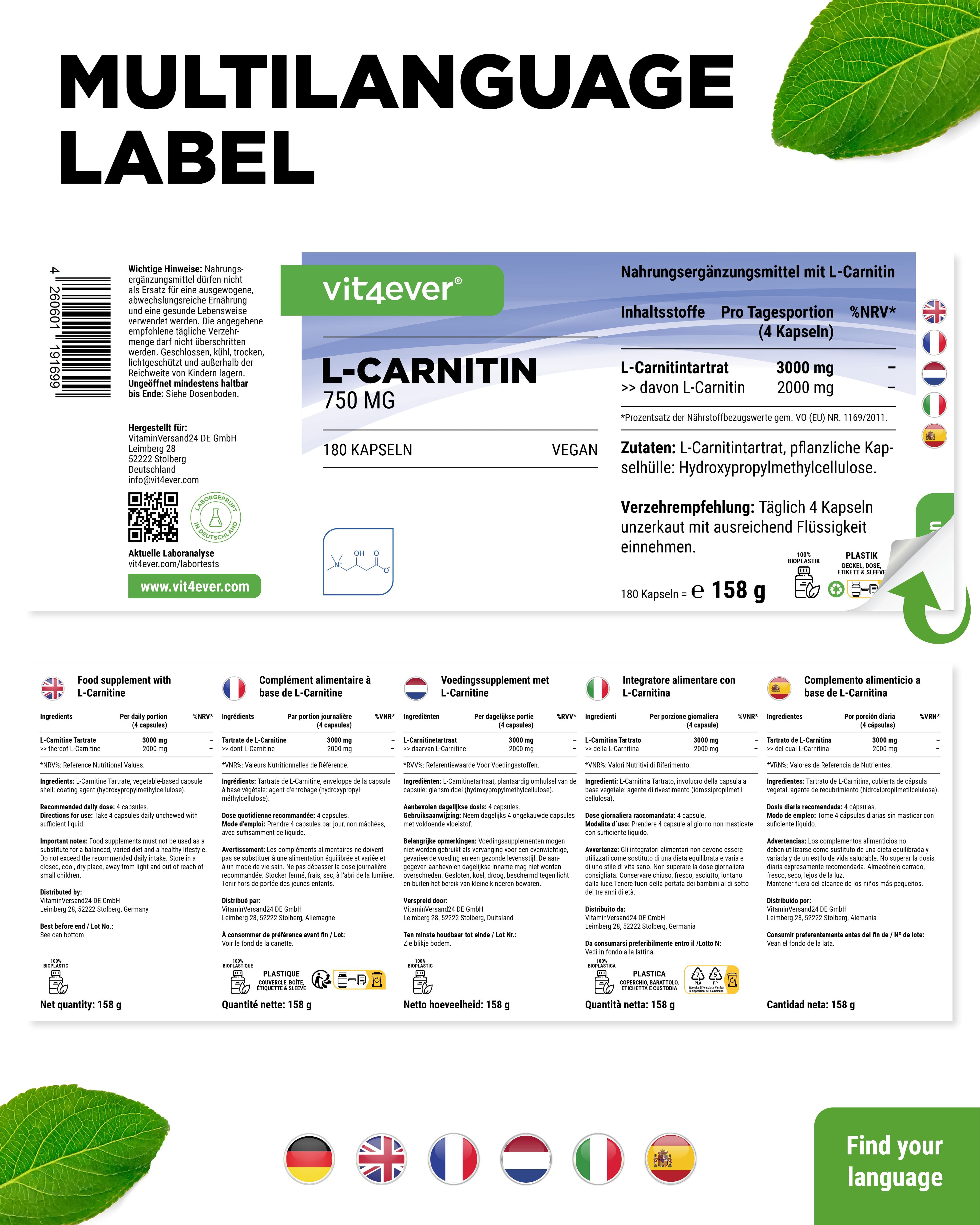 Etikett mit mehrsprachigen Informationen. Aufschrift: vit4ever L-Carnitin 750 mg. 180 Kapseln. Nährwertangaben. Flaggen.