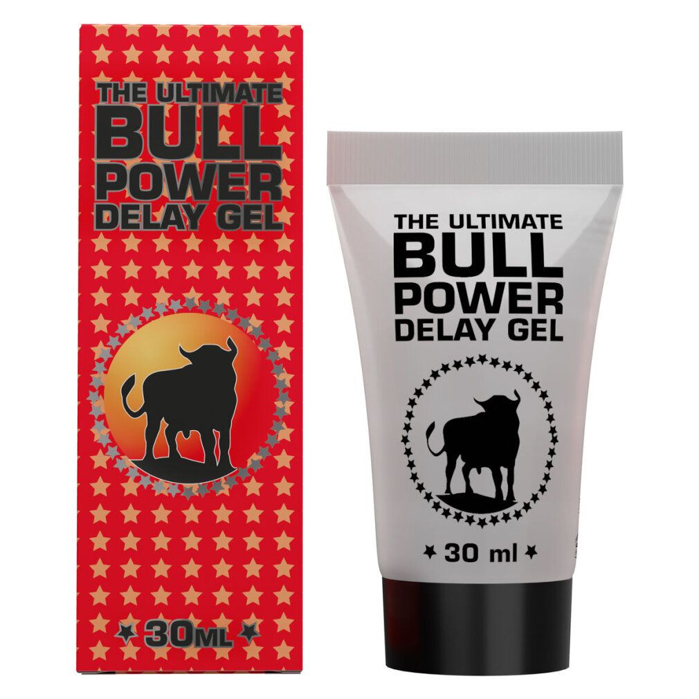 Tube und Schachtel mit Produktnamen und Bullen-Logo. Text: The Ultimate Bull Power Delay Gel. 30 ml. Grauer Verschluss.