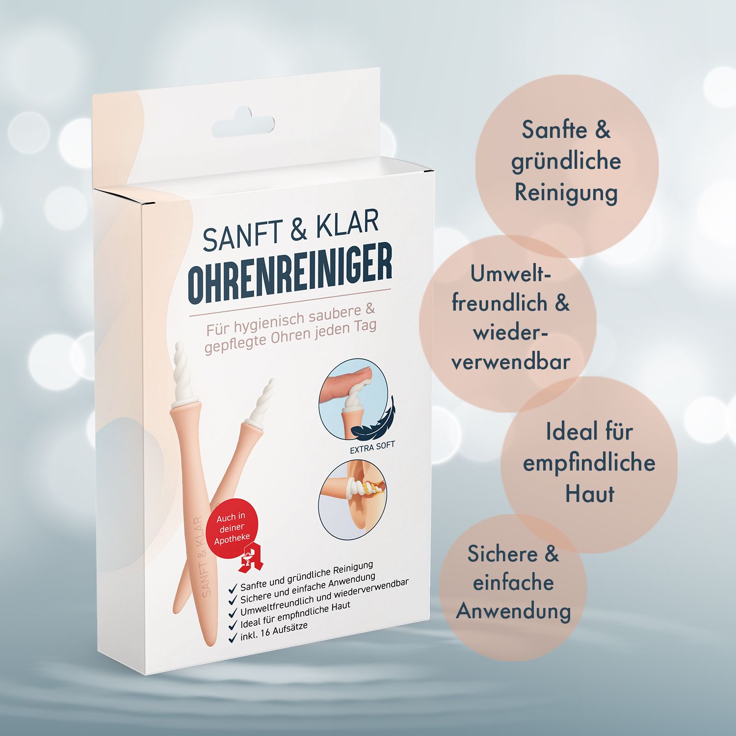 Produktverpackung mit Text: SANFT & KLAR Ohrenreiniger. Rosa Reinigungsstäbchen. Textboxen: sanfte Reinigung, umweltfreundlich, ideal für empfindliche Haut.