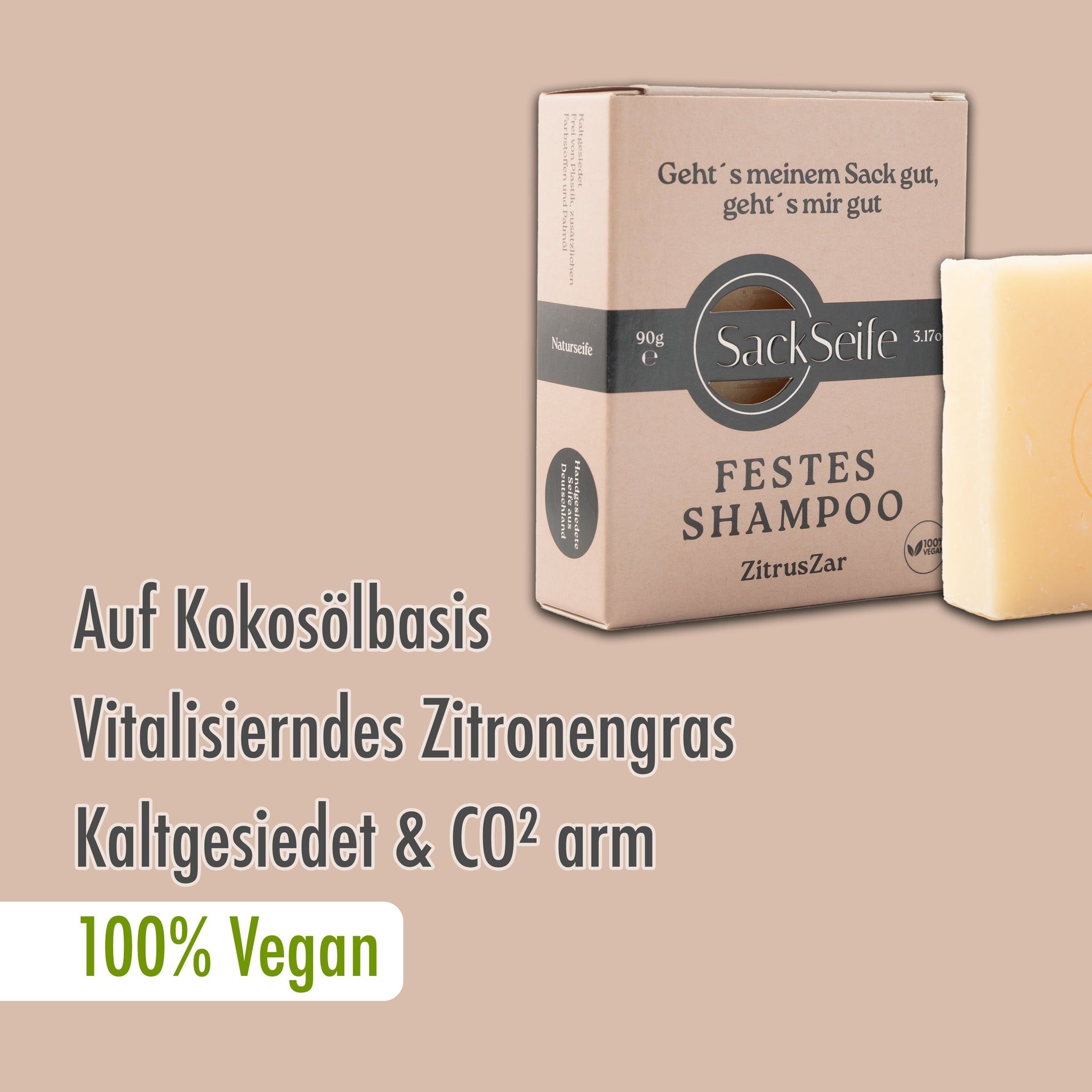 Verpackung und Shampoo-Stück. Aufschrift: SackSeife, Festes Shampoo ZitrusZar. Text: Auf Kokosölbasis, 100% Vegan.