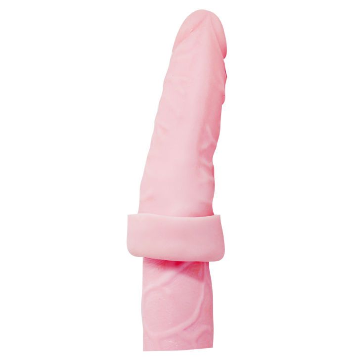 Rosa Penishülle mit Manschette. Oberflächliche Texturierung. Auf weißem Hintergrund.