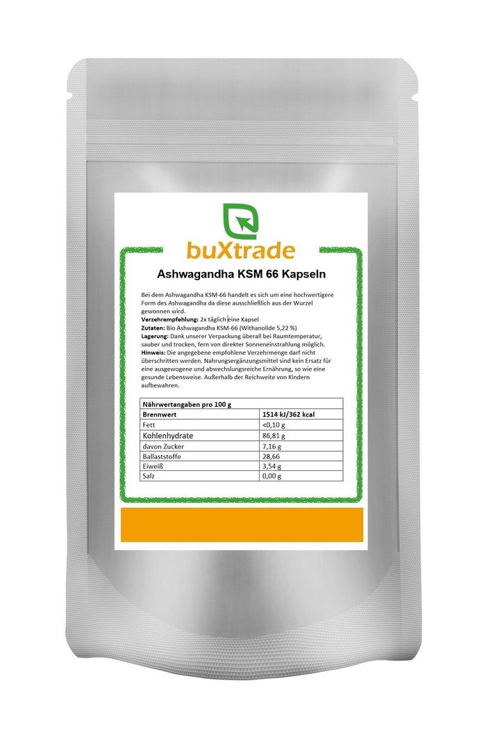 Beutel mit Produktinformationen. Aufschrift: Ashwagandha KSM 66 Kapseln. Grün-weiße Verpackung mit Nährwertangaben.
