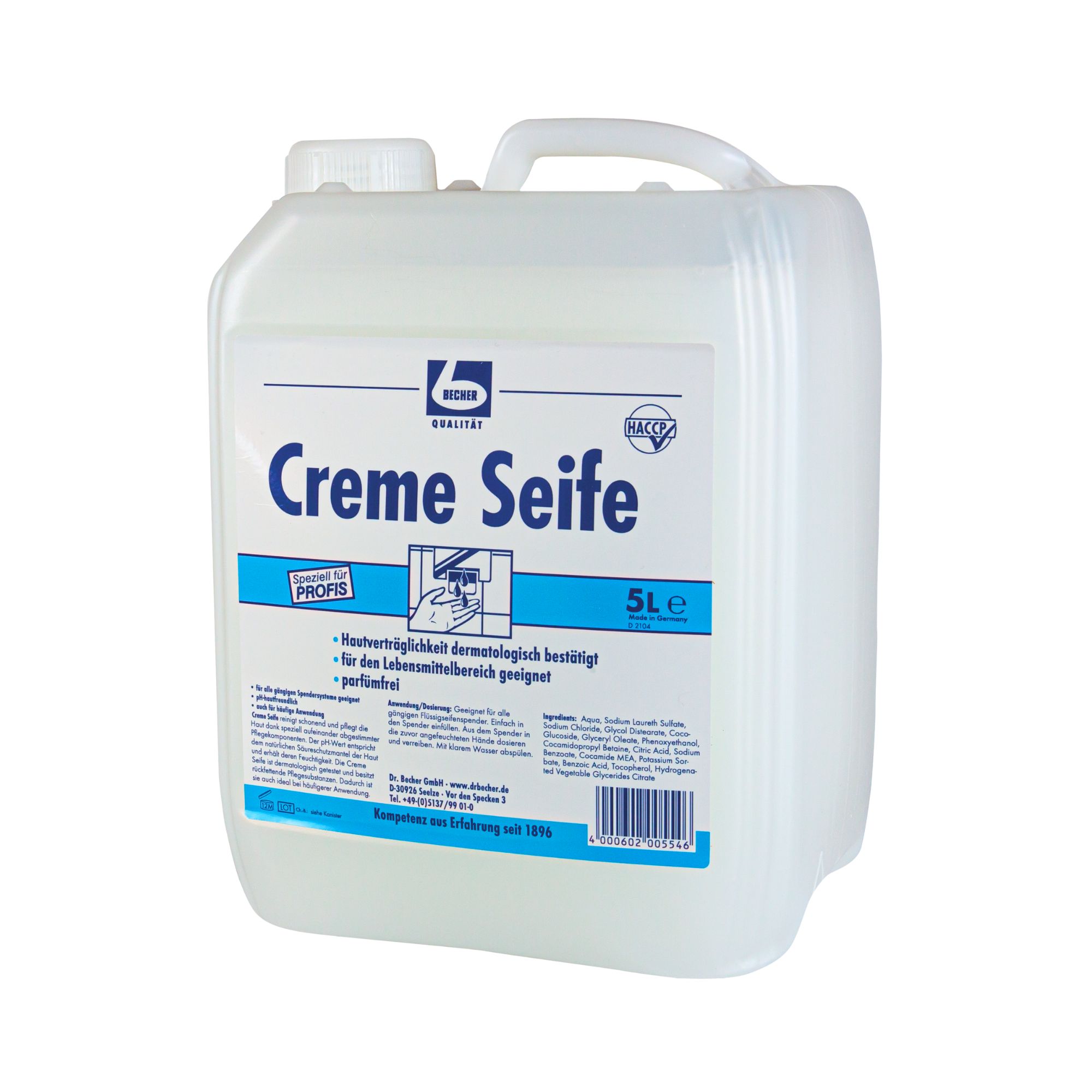 Weißer Kanister mit Griff und Deckel. Aufschrift: Creme Seife. Logo und Text in Blau. Dermatologisch bestätigt. 5 L.