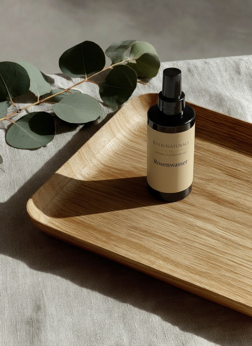 Braune Sprühflasche auf Holztablett mit Eukalyptuszweig. Aufschrift: KatriNaturals Rosenwasser.