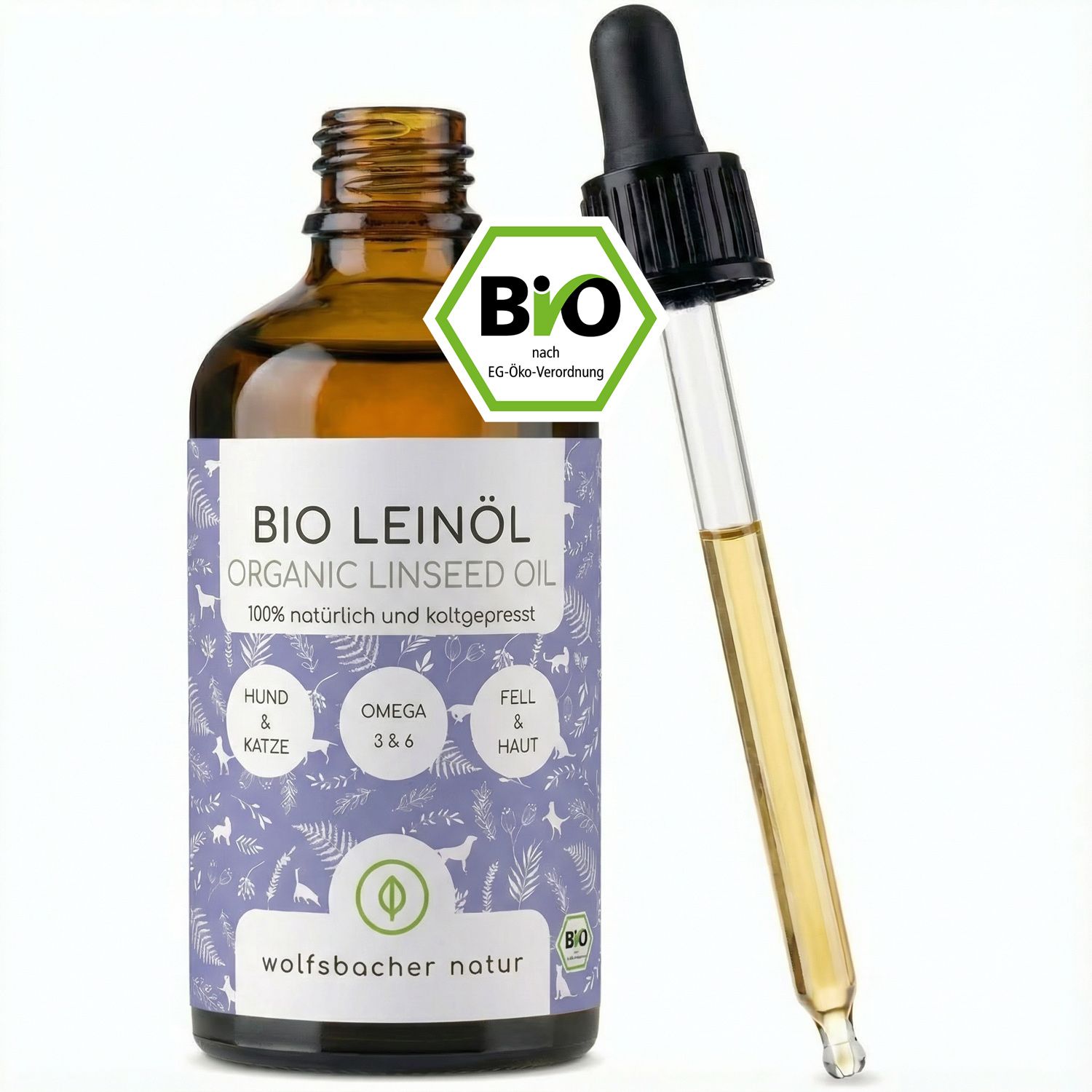 Braune Glasflasche mit Pipette und Bio-Siegel. Etikett mit Produktinformationen. Tropfer mit gelblicher Flüssigkeit.