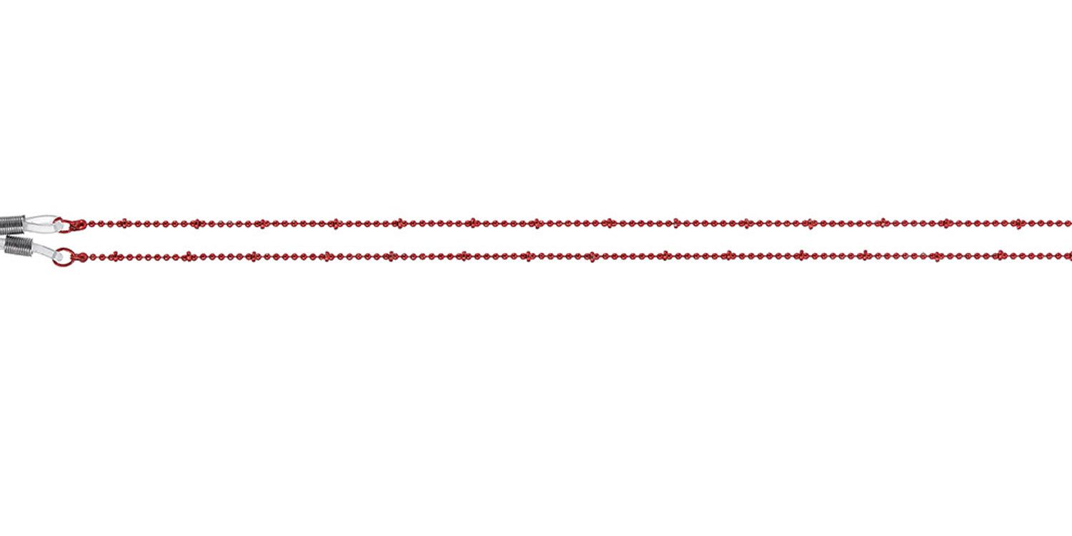 Rote Brillenkette mit kleinen Perlen. Die Kette ist gerade angeordnet und hat an den Enden Schlaufen zur Befestigung an Brillen.