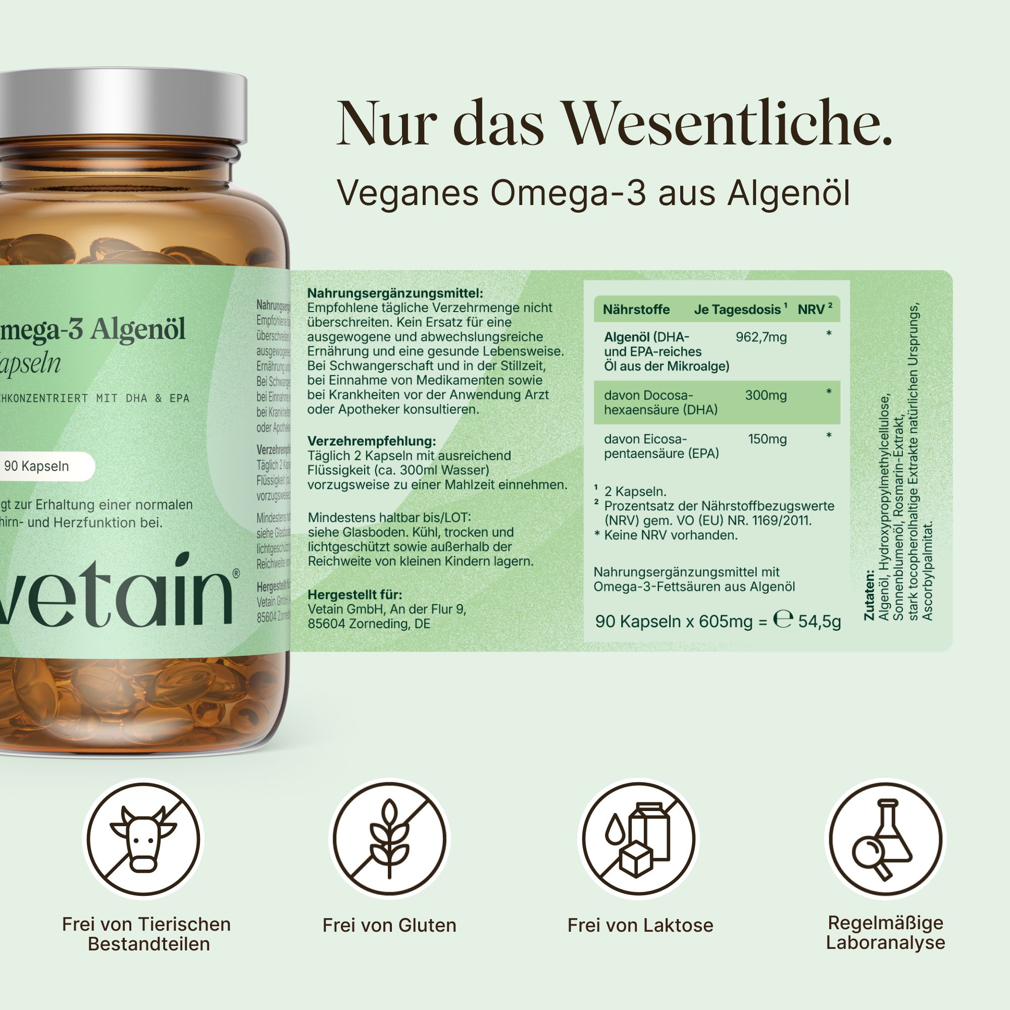 VETAIN Omega-3 Algenöl: Frei von Tierischen Bestandteilen, Gluten, Laktose. Laboranalysen.