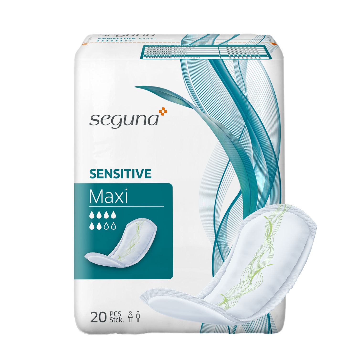 Verpackung von SEGUNA Sensitive Maxi. Produkt und Verpackung zeigen das Logo und Produktbezeichnung.