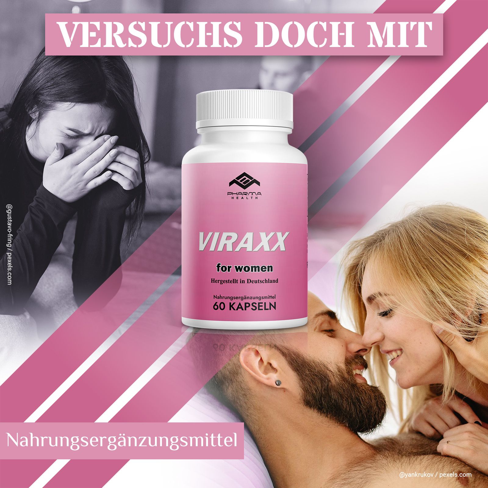 Rosa Flasche mit weißem Deckel. Aufschrift: VIRAX for women, 60 Kapseln. Hintergrund: Paare, weinende Frau, Text.