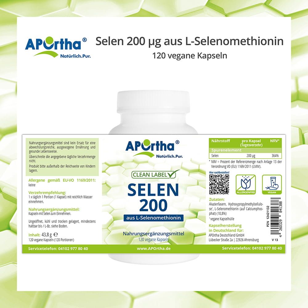 Etikett einer Flasche Selen-Kapseln. Enthält Informationen zu Inhaltsstoffen, Nährwerten und Hersteller. Mit Zertifizierungen.