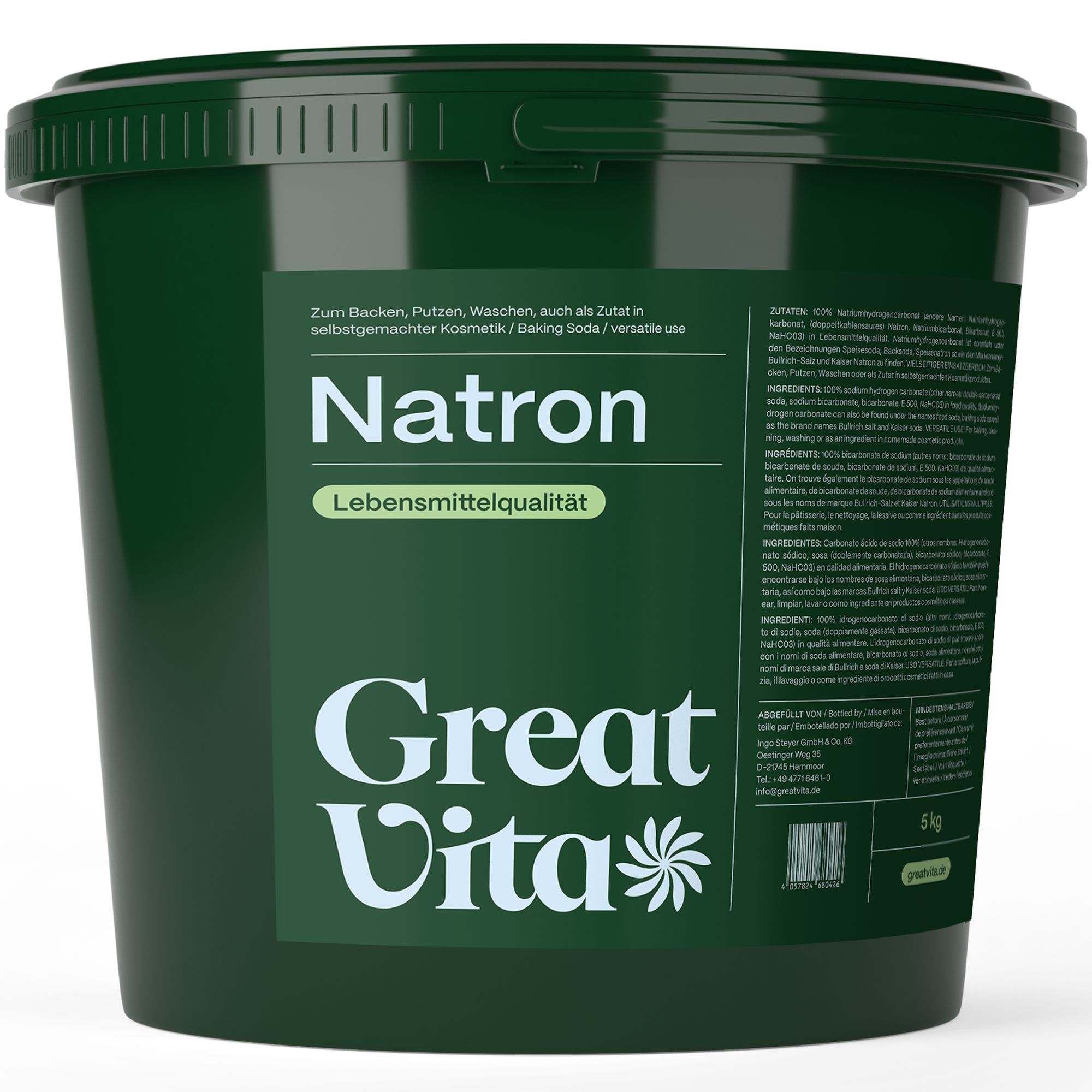Grüner Eimer mit Aufschrift Natron und Great Vita. Text: Lebensmittelqualität, 5kg.