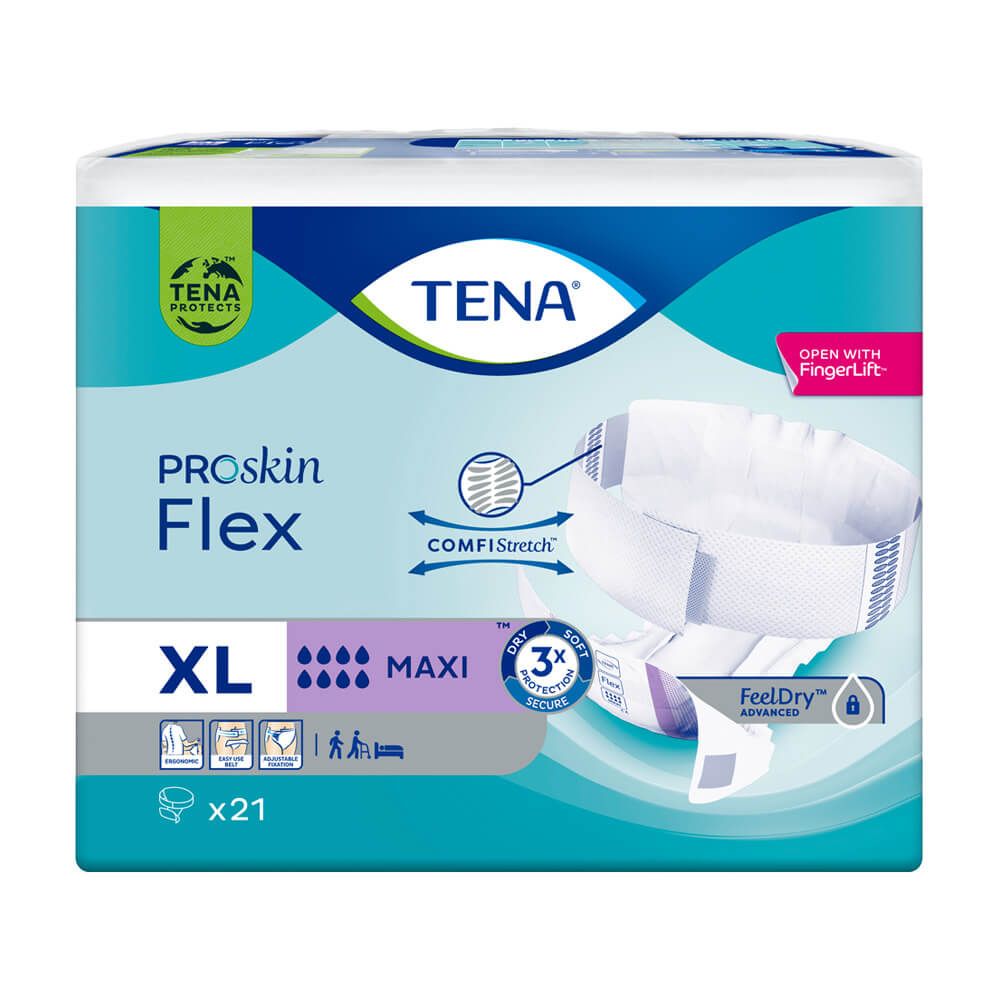Verpackung von TENA ProSkin Flex Maxi XL. Blaue Verpackung mit Produktinformationen und Logo. Enthält 21 Stück.