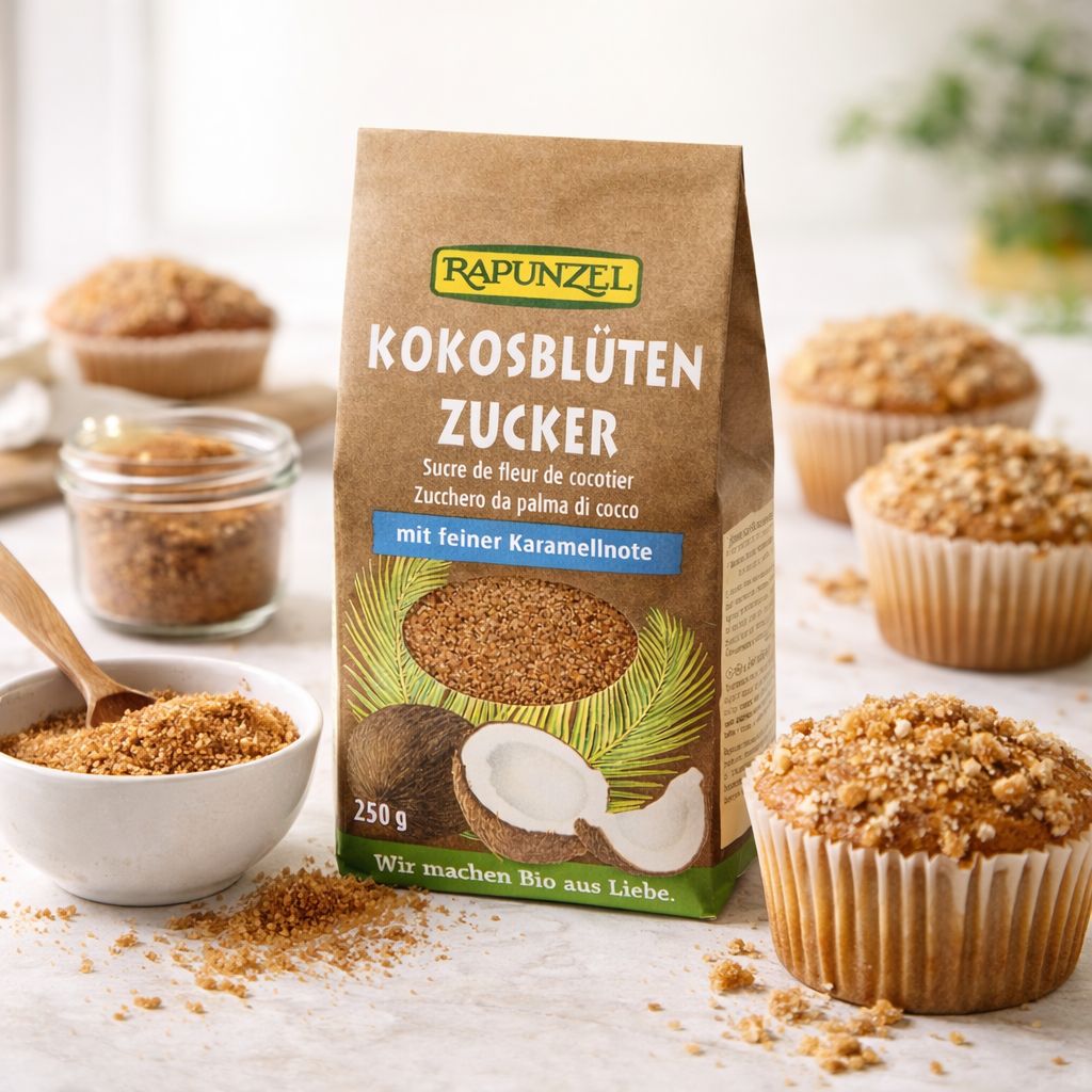Rapunzel Kokosblütenzucker 250g Packung mit Kokosnuss-Abbildung und Muffins.