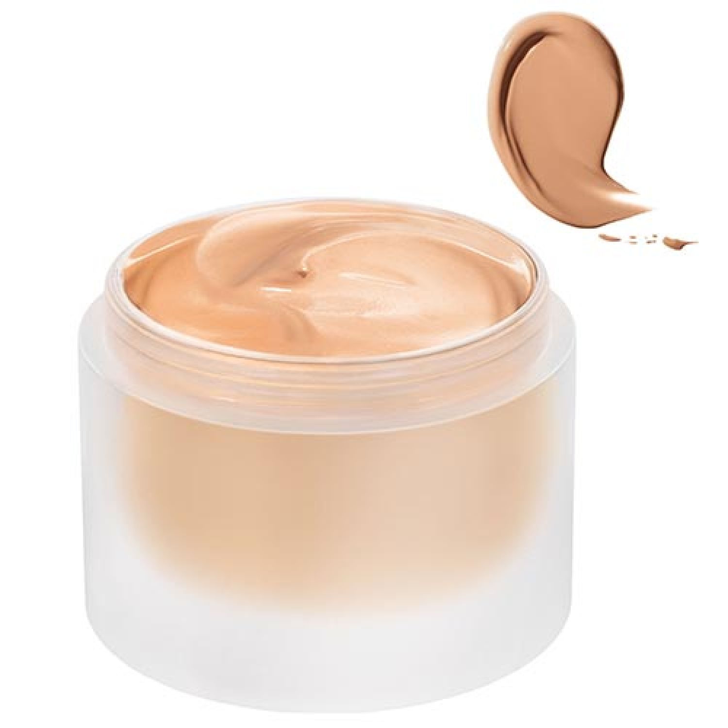 Beige Foundation in einem Glasbehälter. Daneben ein Farbmuster. 