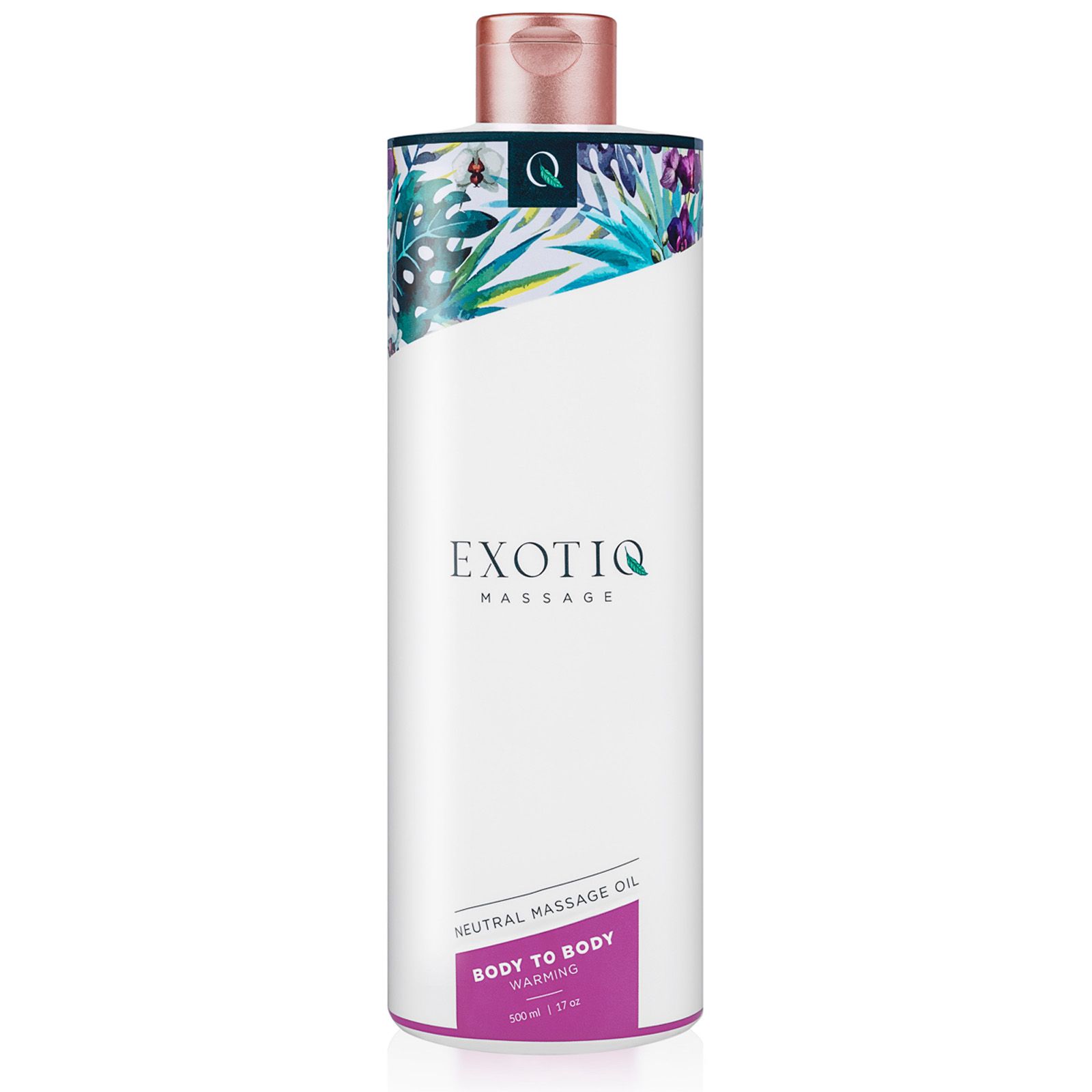 Weiße Flasche mit floralem Muster, kupferfarbenem Verschluss und Aufschrift: Exotiq Massage. Text: Body to Body Warming.