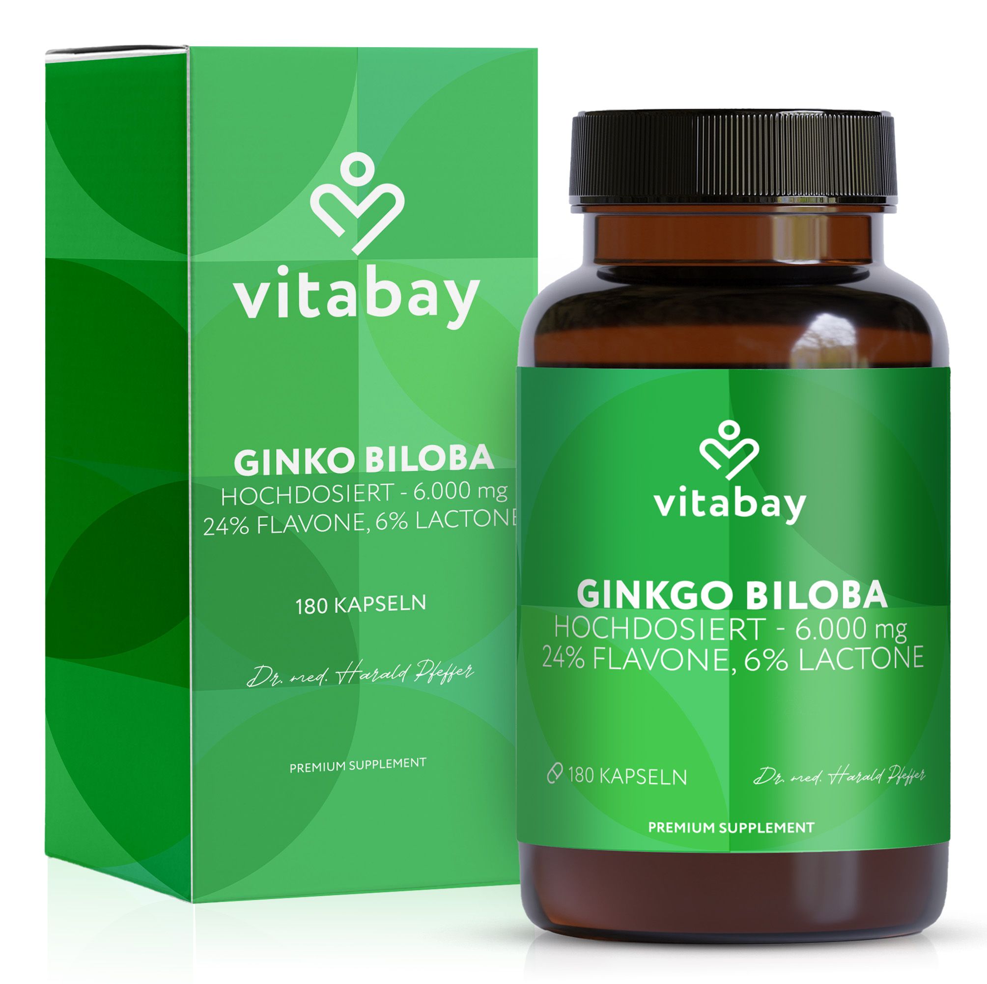 Vitabay Ginkgo Biloba Flasche und Schachtel. Grüne Verpackung, Produktinformationen, 180 Kapseln.