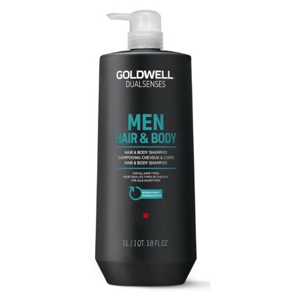 Schwarze Flasche mit weißem Pumpspender für Goldwell Dualsenses Men Hair & Body Shampoo, 1L.
