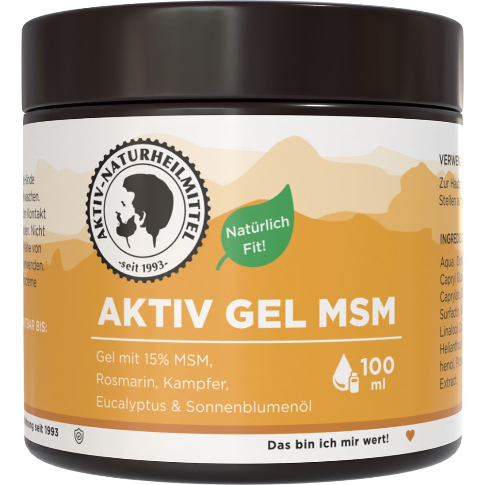 Braune Dose Aktiv Gel MSM. Etikett mit Logo, Produktname, Inhaltsstoffen und 100 ml. "Natürlich Fit!"