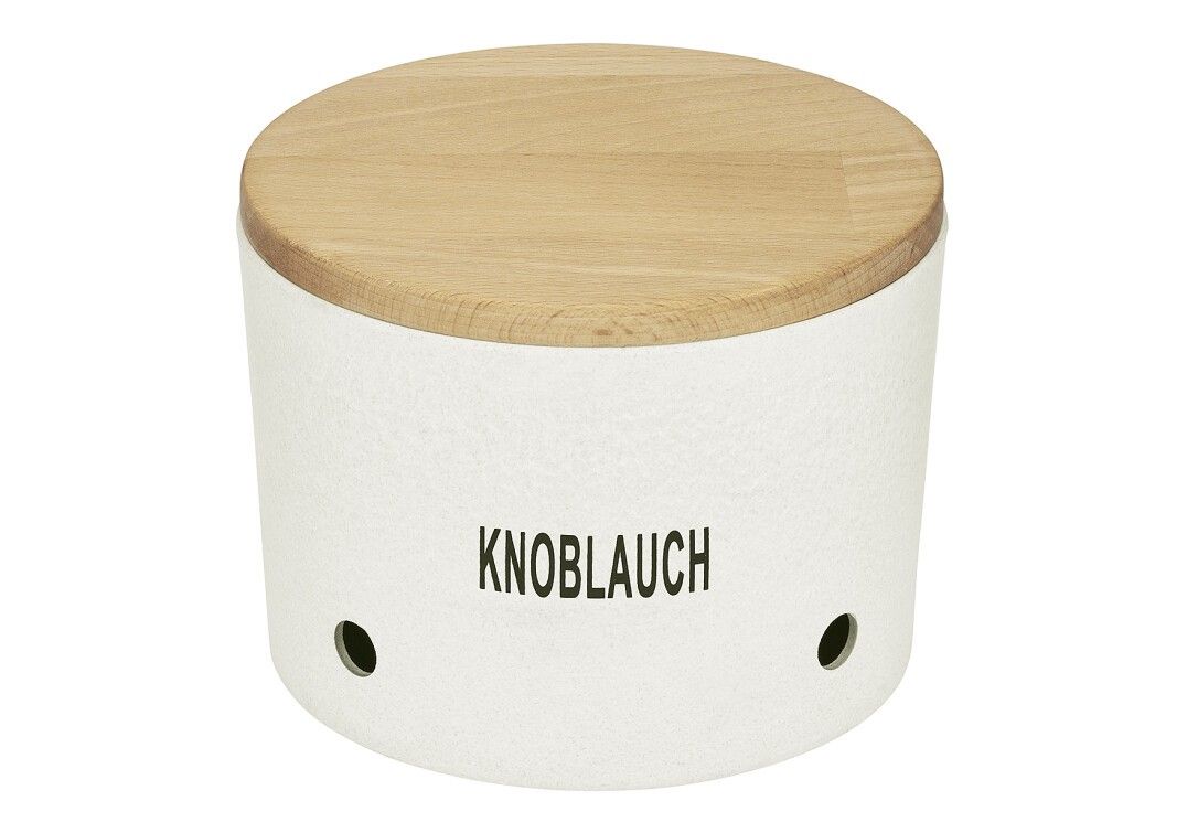 Weißer Knoblauchtopf mit Holzdeckel. Aufschrift "Knoblauch". Zwei kleine Löcher unten. Zylindrische Form.