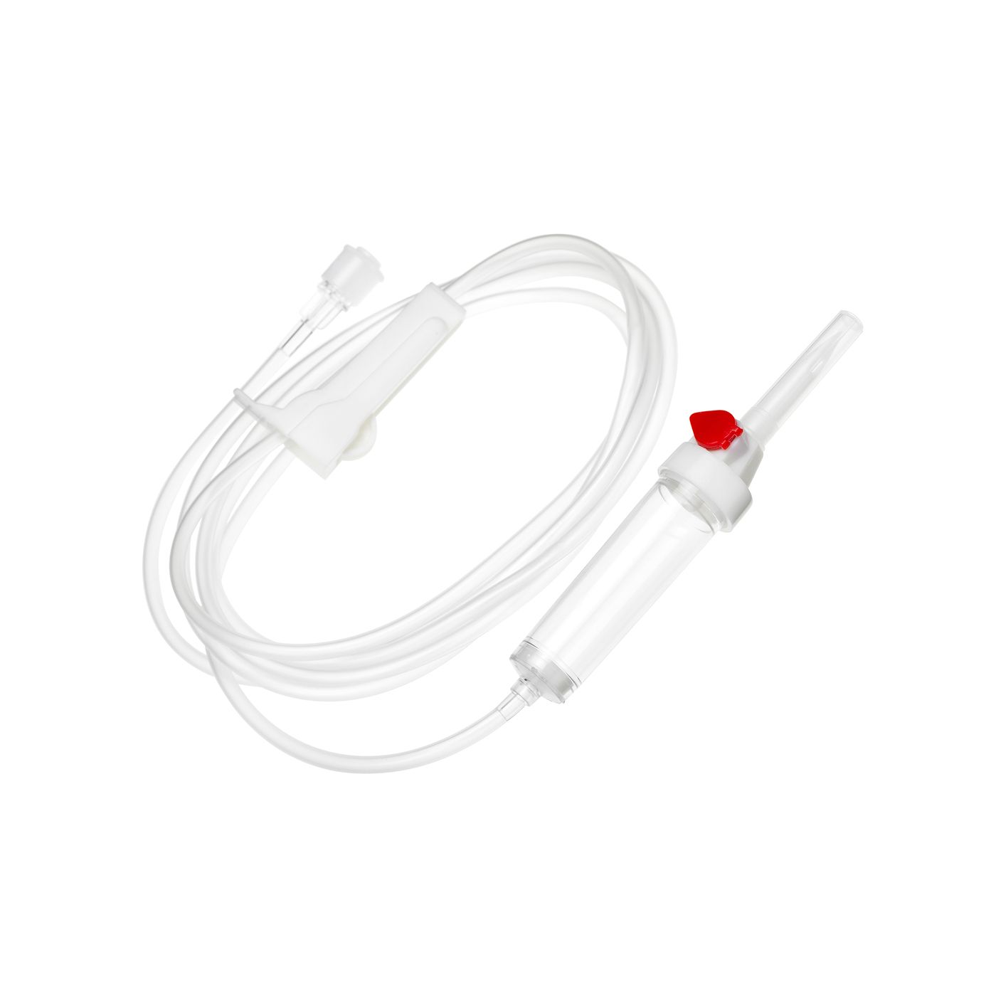 Infusionsgerät mit transparentem Schlauch, Tropfkammer und rotem Regler. Auf weißem Hintergrund.