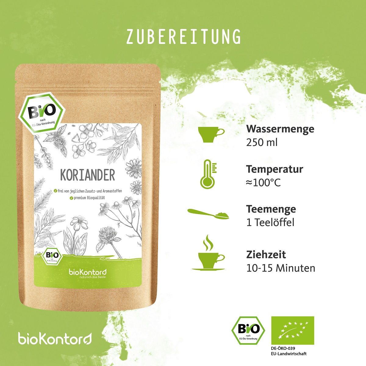 bioKONTOR Koriandersamen-Tüte mit Zubereitungsanleitung für Tee: Wassermenge, Temperatur, Teemenge, Ziehzeit.