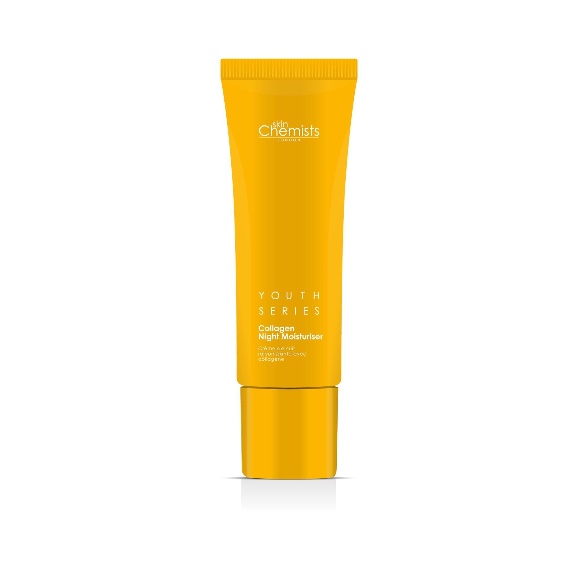 Gelbe Tube mit Schriftzug. Produktname: Youth Series Collagen Night Moisturiser. Marke: SkinChemists.